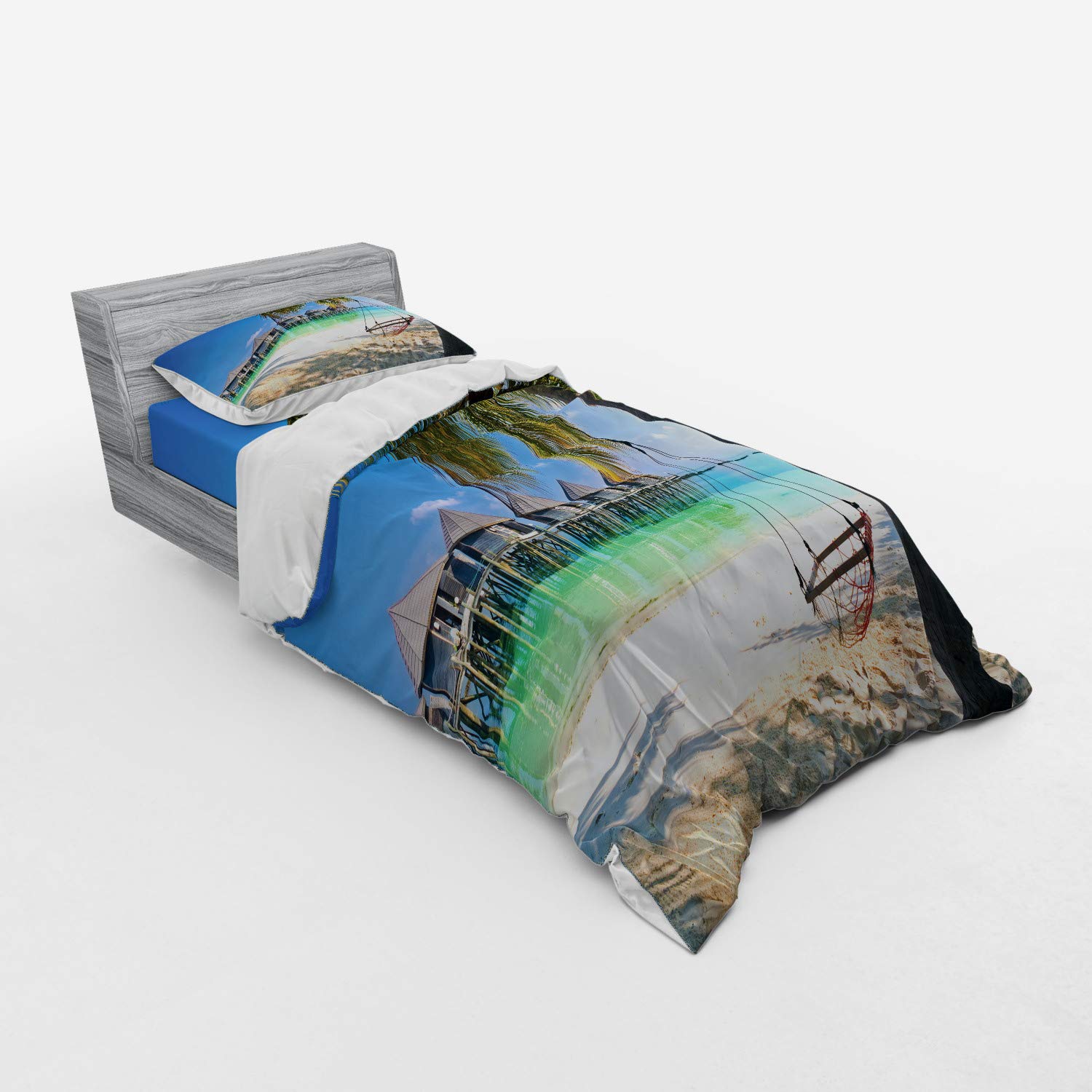 Ambesonne Beach Themed 3-Piece Duvet Cover Set - Tropical Palm Leaves & Caribbean Paradise Print, Twin XL Size with Sham & Fitted Sheet - Perfect for Summer Bedroom Decor, Beach House Styling, and Vacation Vibes