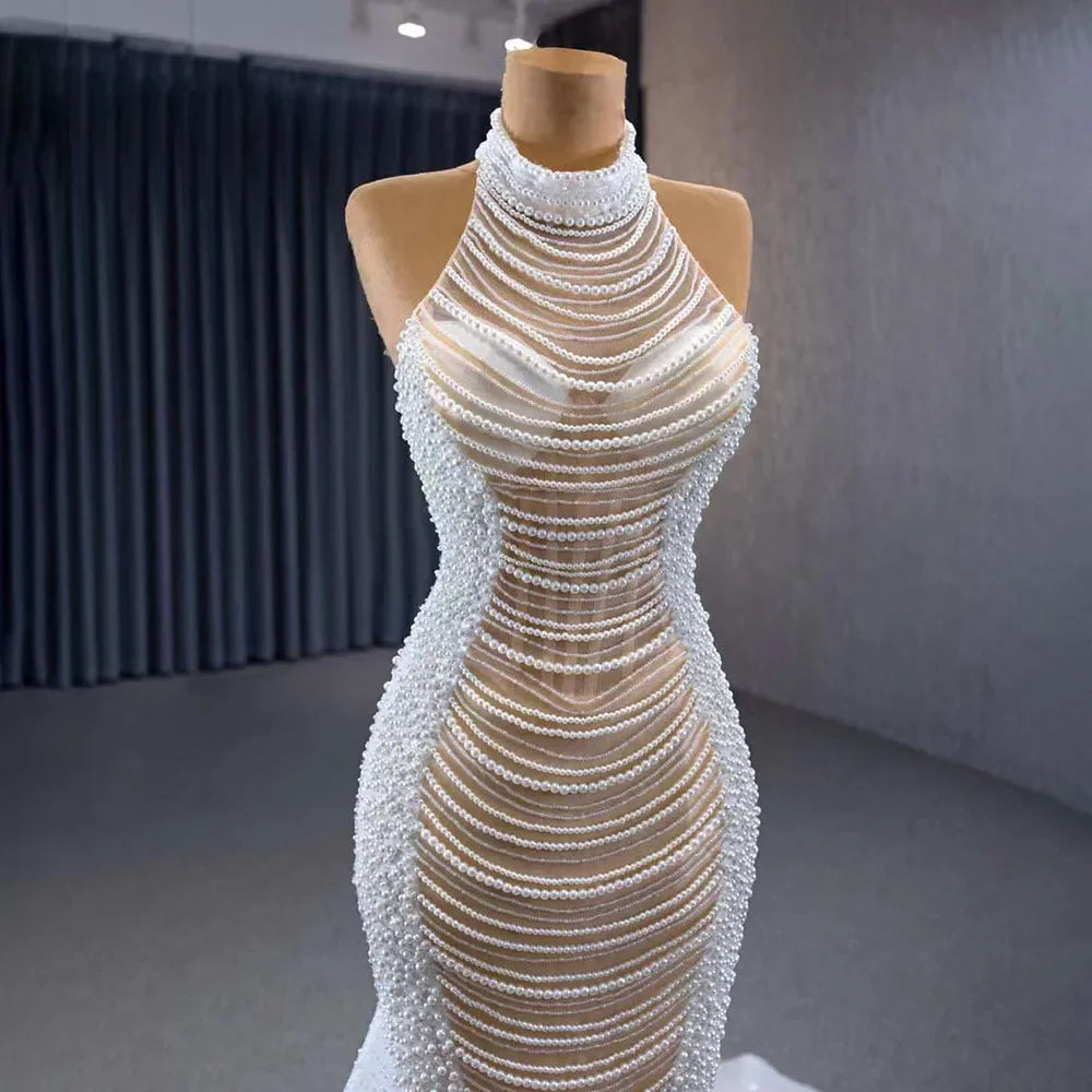 Serene Hill White Champagne Mermaid Wedding Dress with Lace-Up Back & Pearl Beading - Luxury Custom Bridal Gown 2025 (HM231033) | Perfect for Beach Weddings, Formal Ceremonies & Red Carpet Events