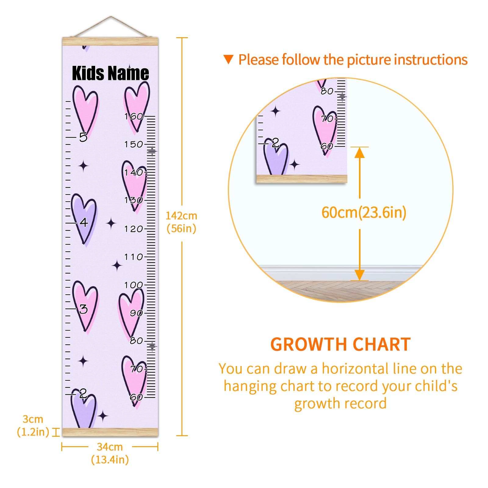 Personalized Wooden Kids Name Growth Chart Ruler - 13.4x56 Inch Wall Mounted Height Measurement Tool with Linen Finish for Nursery & Bedroom Decor (Pink/Purple) - Perfect for Tracking Child Development & Room Decoration