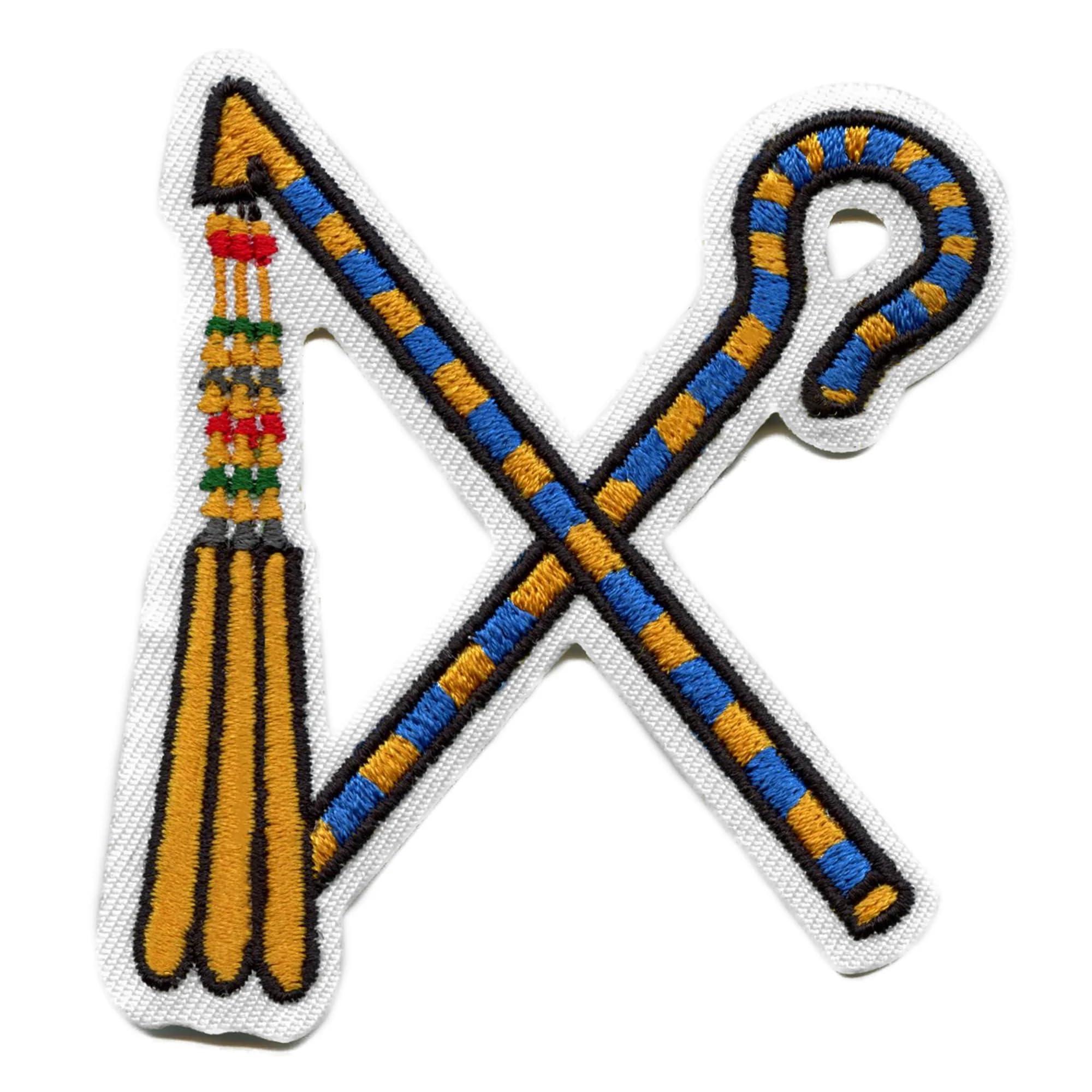 Egyptian Pharaoh Crook and Flail Embroidered Iron-On Patch - Ancient Egypt Costume Accessory for Cosplay, Halloween, Historical Reenactment