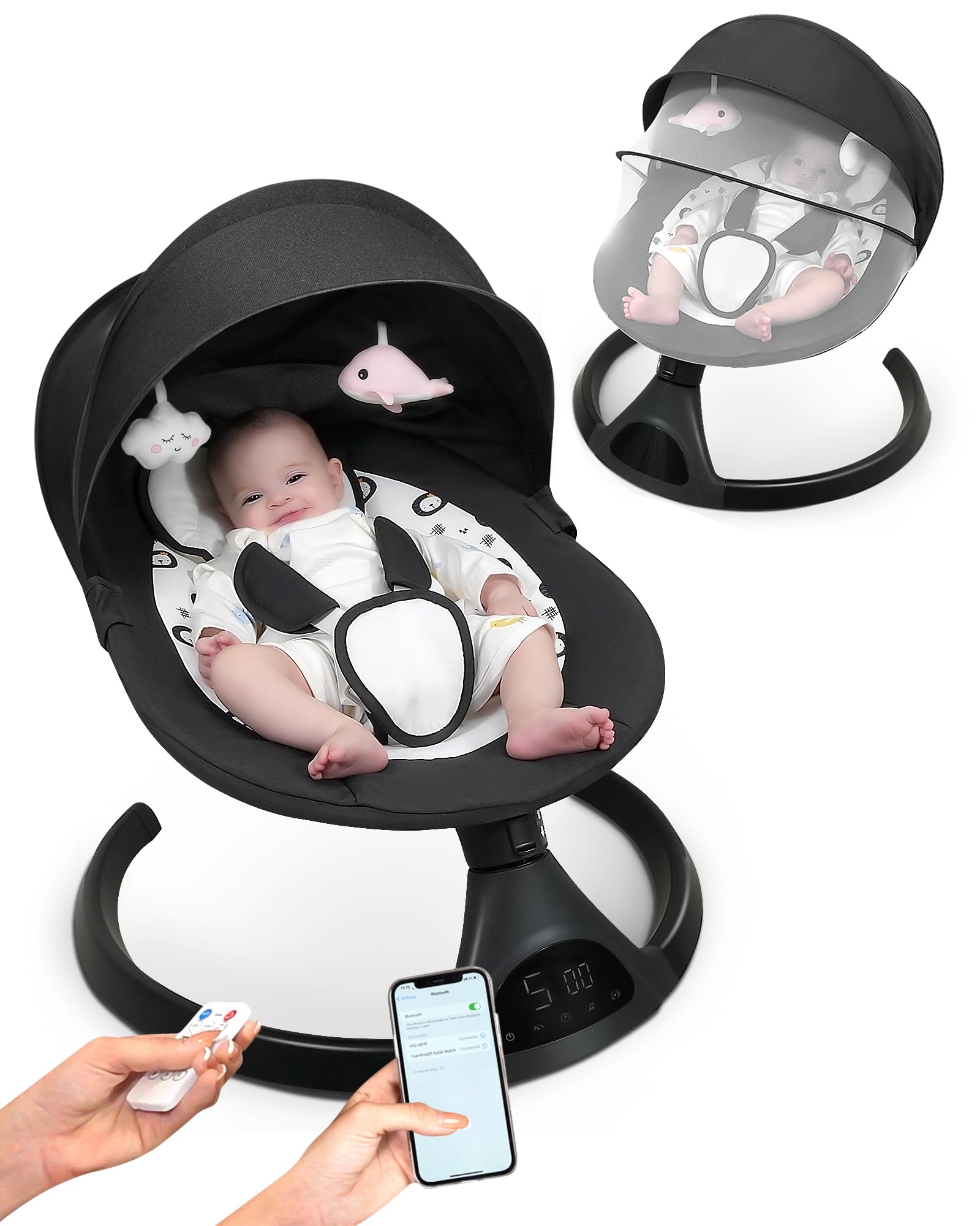 Electric Baby Swing for Infants & Toddlers - Portable Infant Swing with 5 Speed Settings, Bluetooth Speaker, Touch Screen & 10 Lullabies - 5-Point Safety Harness - Perfect for Nursery, Bedtime & Travel Use