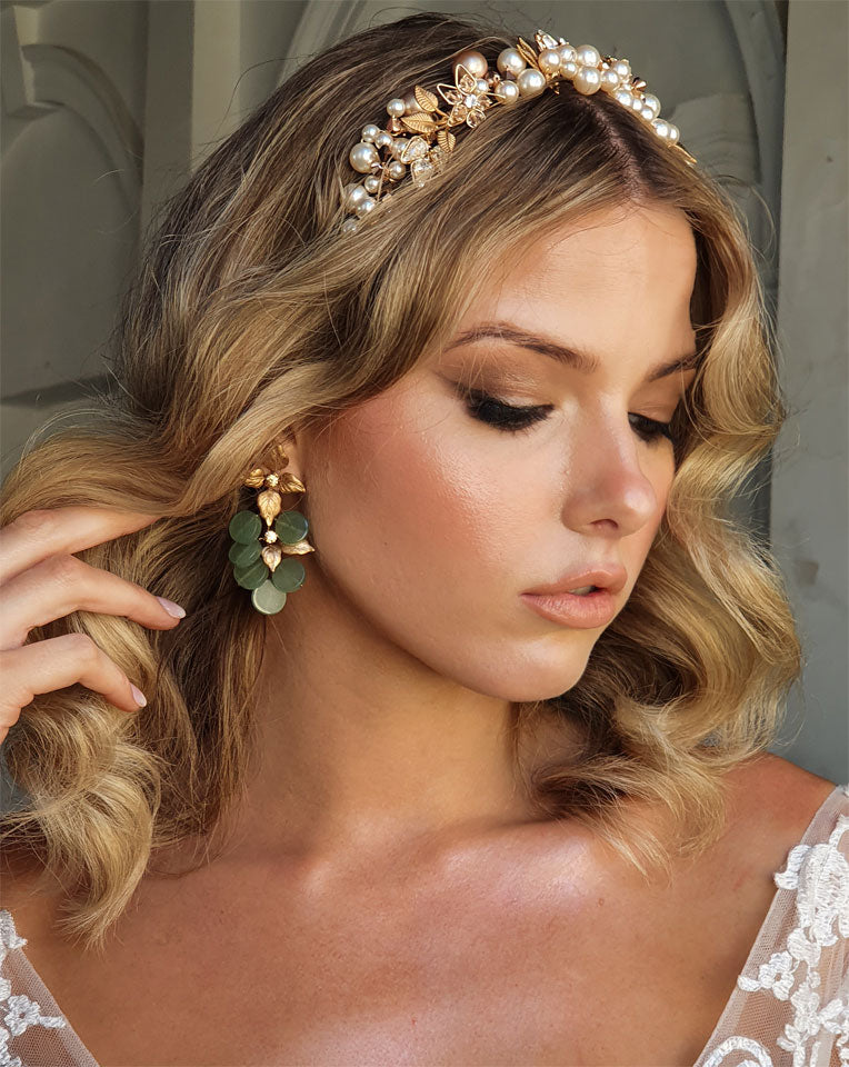 Elegant Gold Leaf & Adventurine Drop Bridal Earrings by Siam by Stephanie Browne - Perfect for Weddings, Prom & Special Occasions