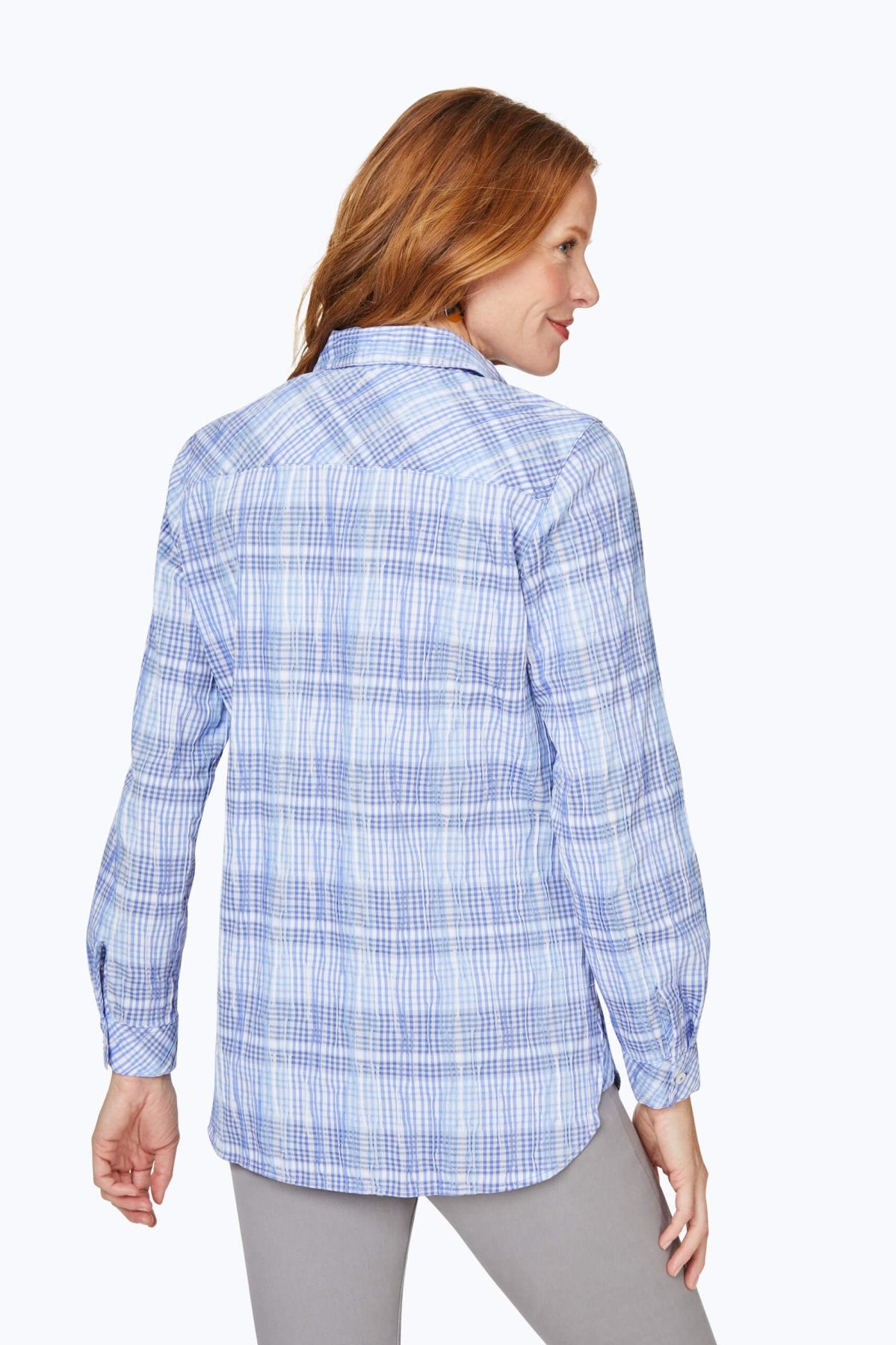 Germaine Purely Plaid Crinkle Long Sleeve Tunic Top for Women - Soft Cotton Blend Casual Shirt - Perfect for Fall Layering, Office Wear & Weekend Outfits