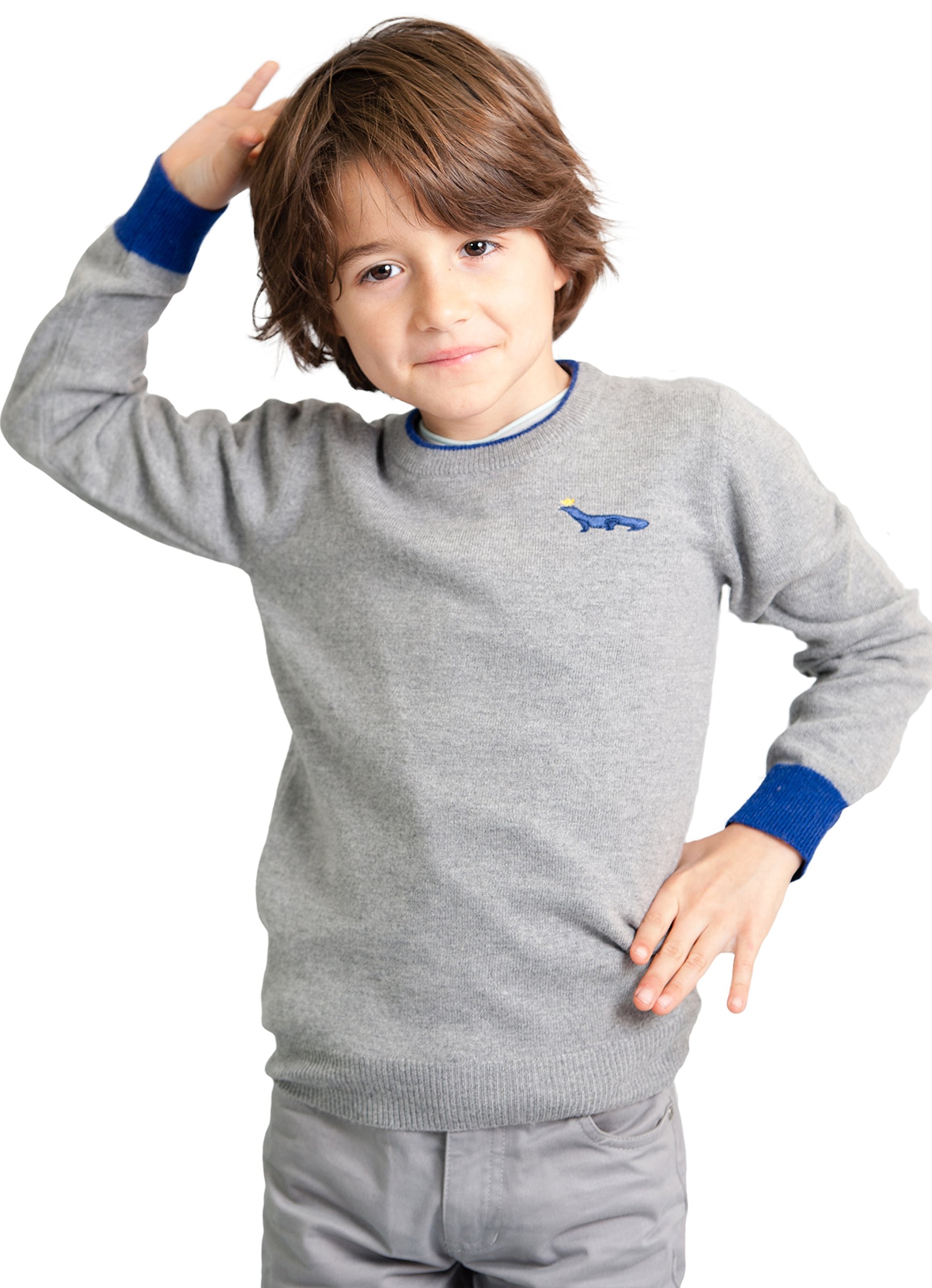 Soft Cashmere Gray Wool Blend Crew Neck Sweater for Toddler Boys | Cozy Winter Pullover with Blue Contrast Trim | Perfect for Playdates, Family Photos & Holiday Outfits