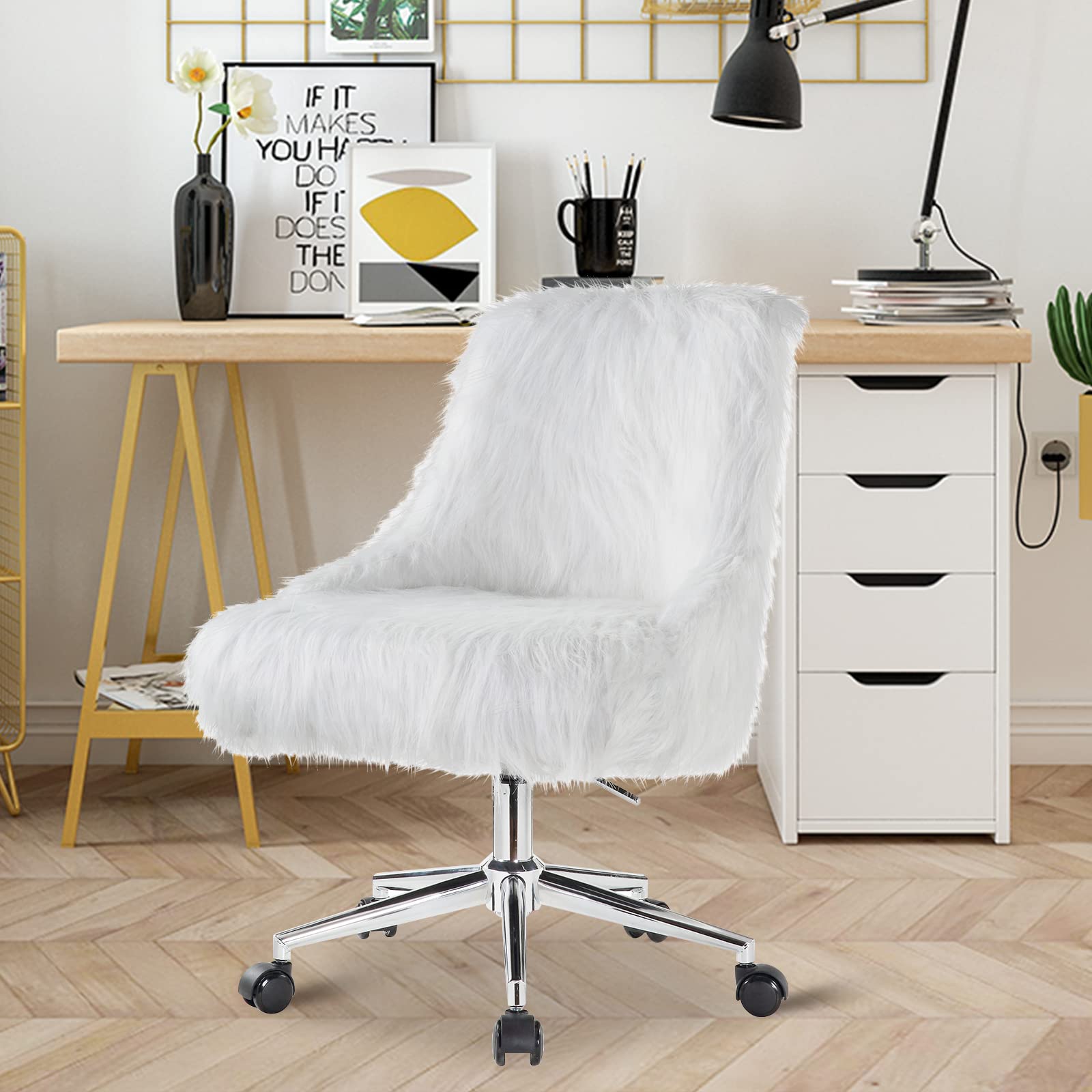 HomVent Faux Fur Desk Chair - Soft Swivel Vanity Chair with Adjustable Height, Fluffy Armless Office Chair for Home, Studio & Makeup | Perfect for Living Room, Bedroom, Dressing Table & Workspace
