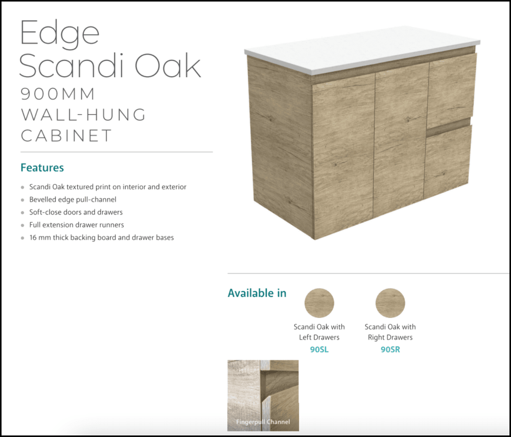 Fienza 36-Inch SC90SL Crystal Pure Undermount Bathroom Sink Vanity with Stone Countertop & Scandi Oak Finish - Wall Mounted Left Drawer Storage for Modern Bathrooms (Perfect for Small Spaces & Contemporary Home Decor)