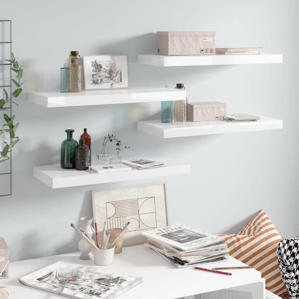 CHARMMA 323750 Floating Wall Shelves Set of 4 - High Gloss White MDF Shelves (60x23.5x3.8 cm) - Modern Wall Storage for Living Room, Bedroom, Bathroom & Office Organization