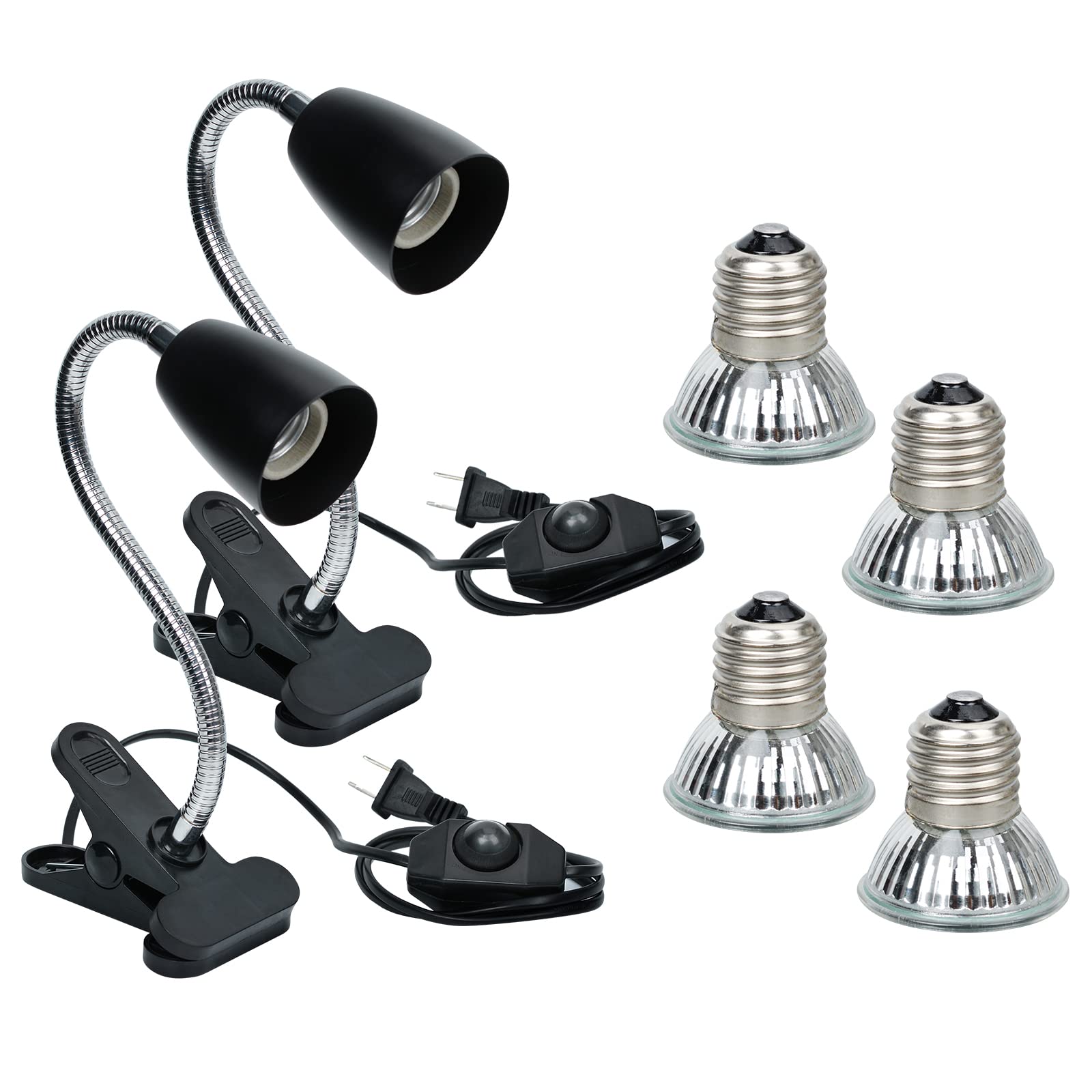 2 Pack Reptile Heat Lamp with 360° Rotatable Hose & Timer - UVA/UVB Basking Light for Bearded Dragons, Turtles, Snakes & Lizards - Includes 4 Bulbs & 2 Heating Clips - Perfect for Terrariums & Reptile Habitats