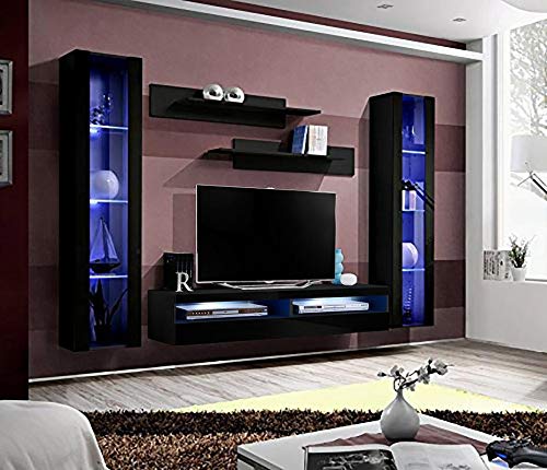 Modern Black Wall-Mounted TV Stand with Storage Shelves & LED Lights - 35