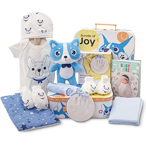Joy Gift Baby Gift Basket (11 Pcs) - Newborn Baby Boy Gift Set with Keepsake, Plush Toy, Pillow, Clothing & Parent Guidebook - Perfect for Baby Showers, Welcome Gifts & Newborn Celebrations