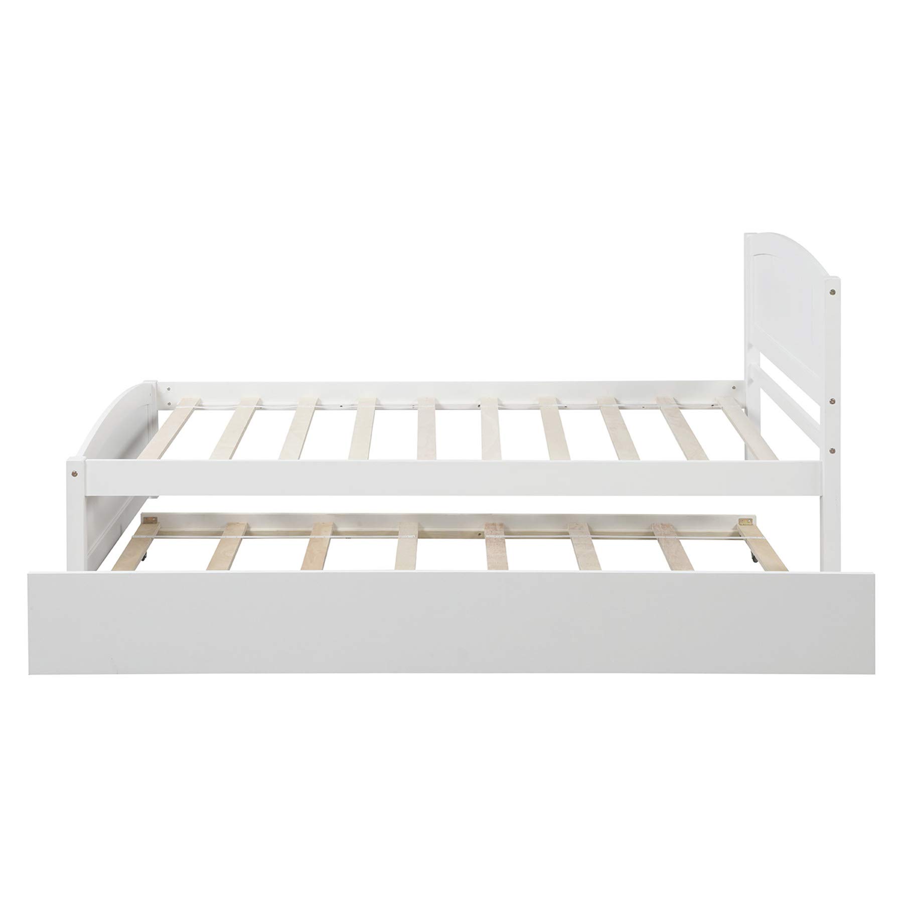 Merax Twin Size Wood Platform Bed Frame with Trundle - No Box Spring Needed, White - Perfect for Kids' Rooms, Guest Bedrooms & Small Spaces