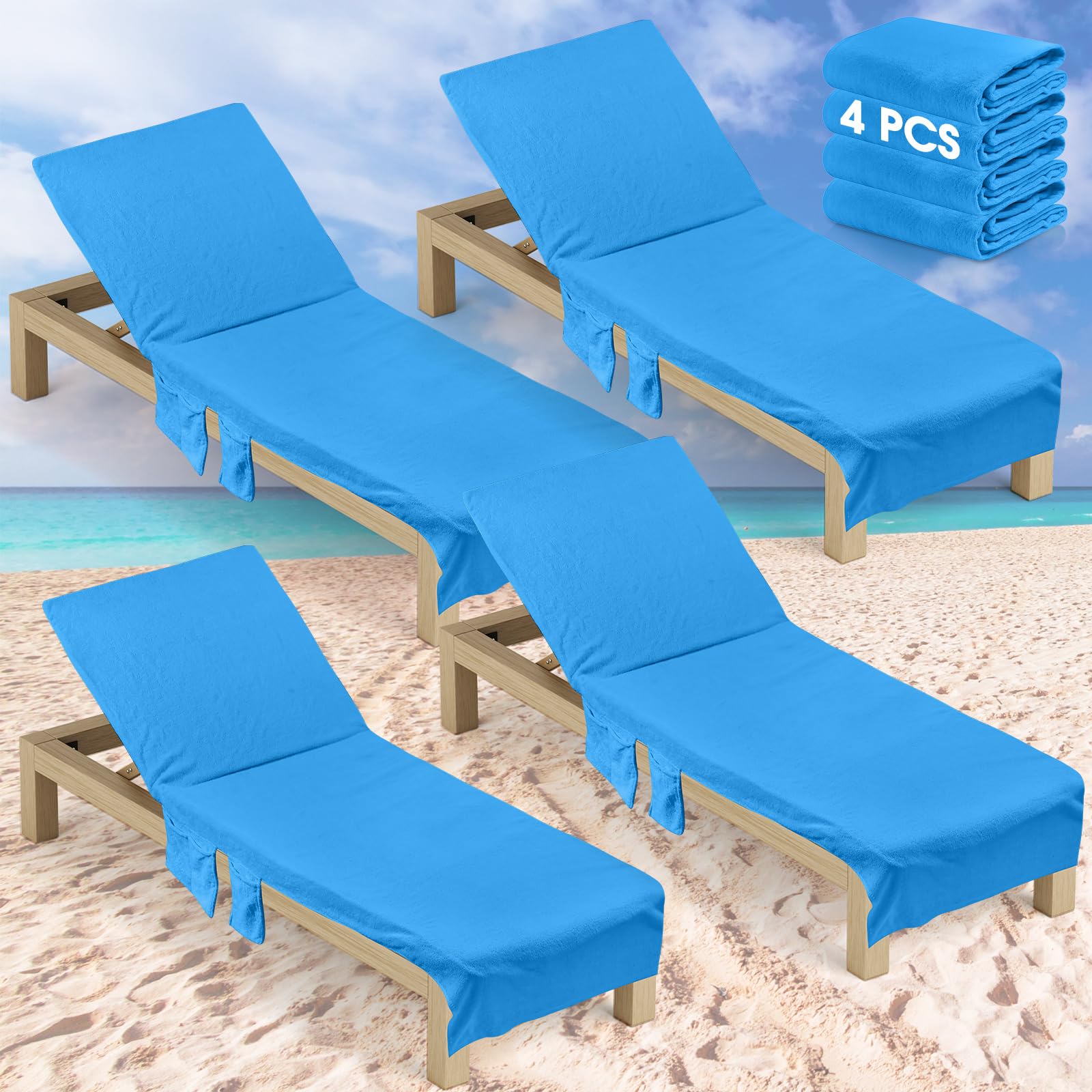 4 Pack Soft Cotton Beach Chair Covers with Side & Top Pockets - Breathable Lounge Chair Towel for Sunbathing, Travel, Poolside & Outdoor Use - Blue Chaise Lounge Towel Cover (Perfect for Beach, Backyard, Patio & Vacation)