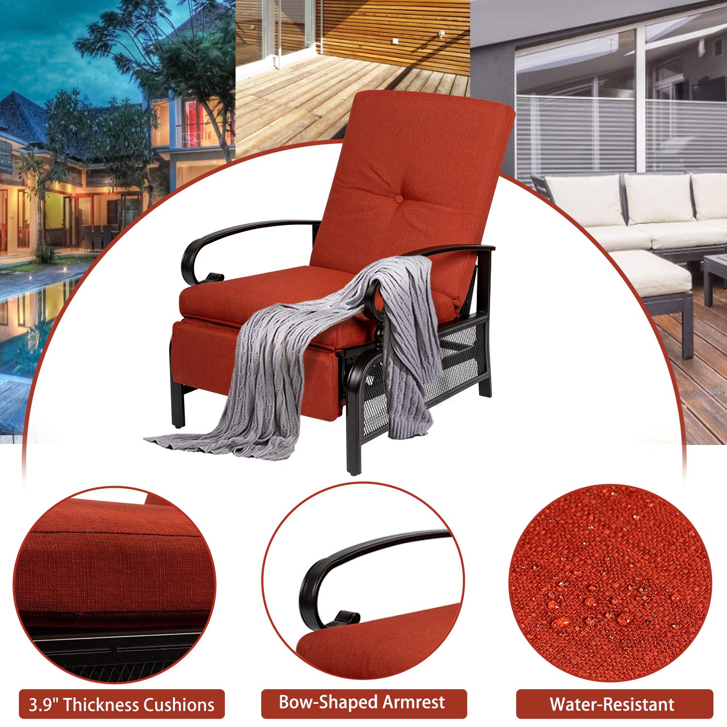 Crownland 3-Piece Outdoor Lounge Chair Set - Adjustable Reclining Patio Chairs with Umbrella Bistro Table, Durable Metal Furniture with Water-Resistant Cushions (Red) - Perfect for Poolside, Garden, Patio, and Backyard Relaxation
