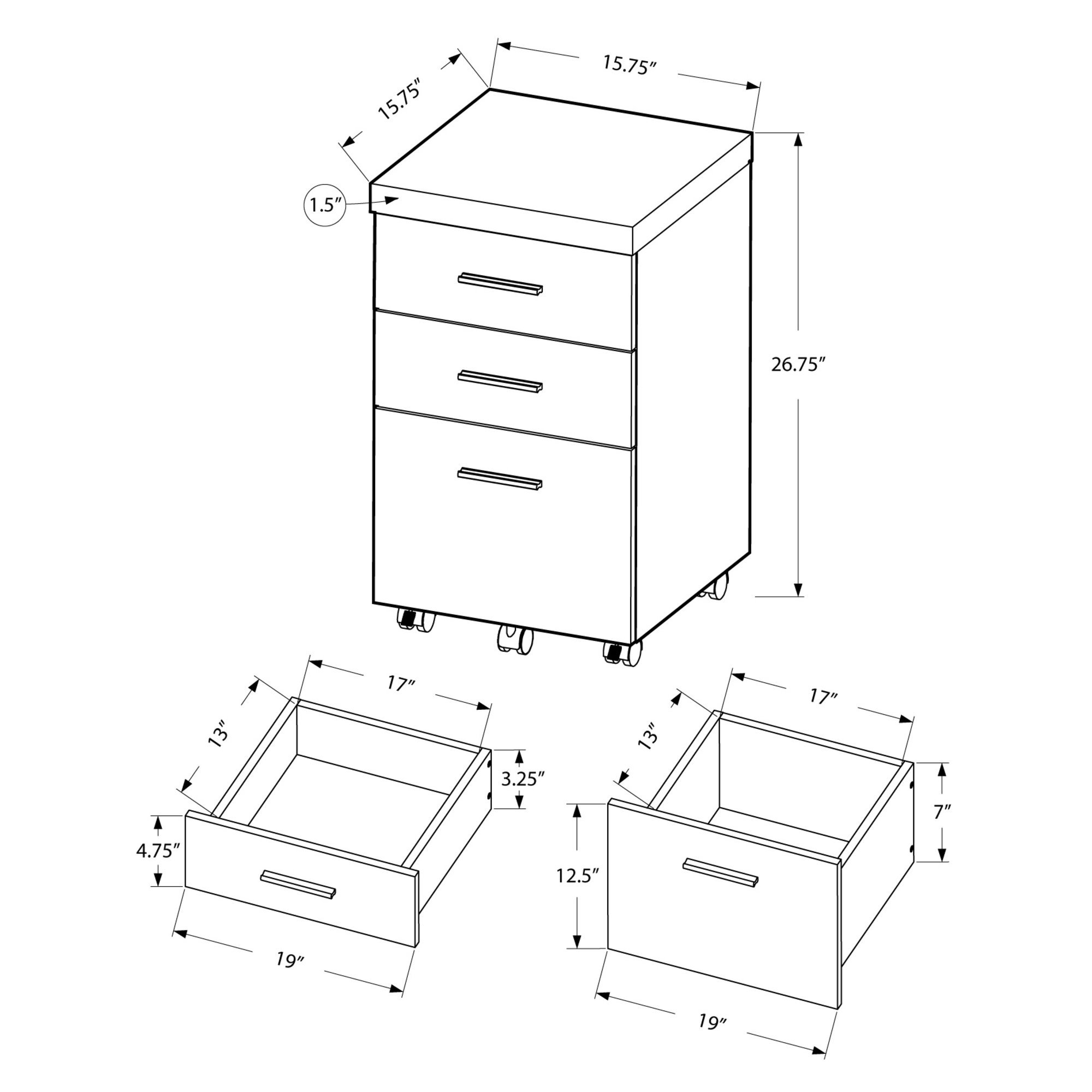 Monarch Specialties White Hollow-Core 3-Drawer File Cabinet with Wheels - Perfect for Office Storage & Home Organization