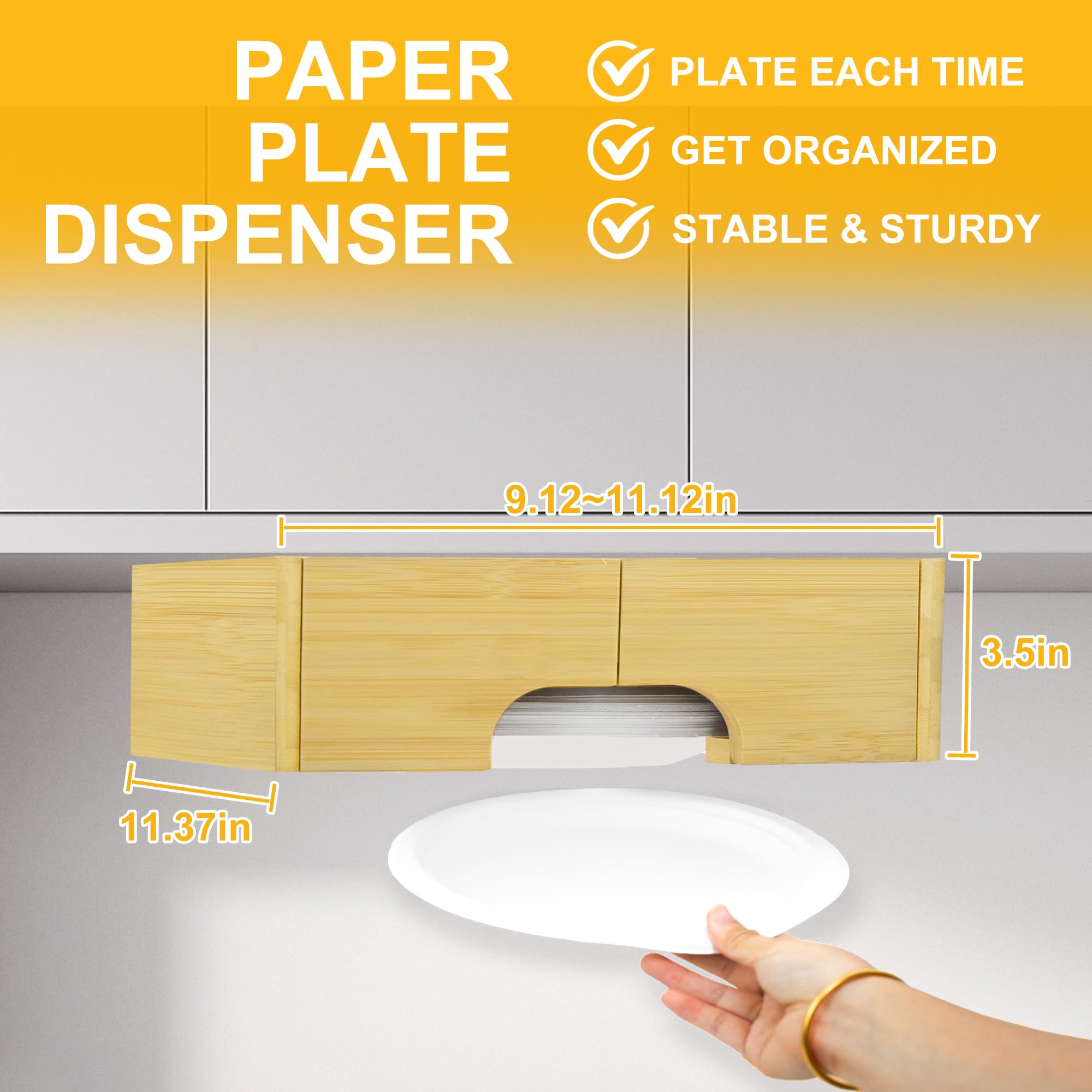 MinBoo 8-10 Inch Adjustable Paper Plate Dispenser - Upgraded Bamboo Under Cabinet Plate Holder for Kitchen Organization | Perfect for Round Plates, Dinner Parties, Picnics & Camping