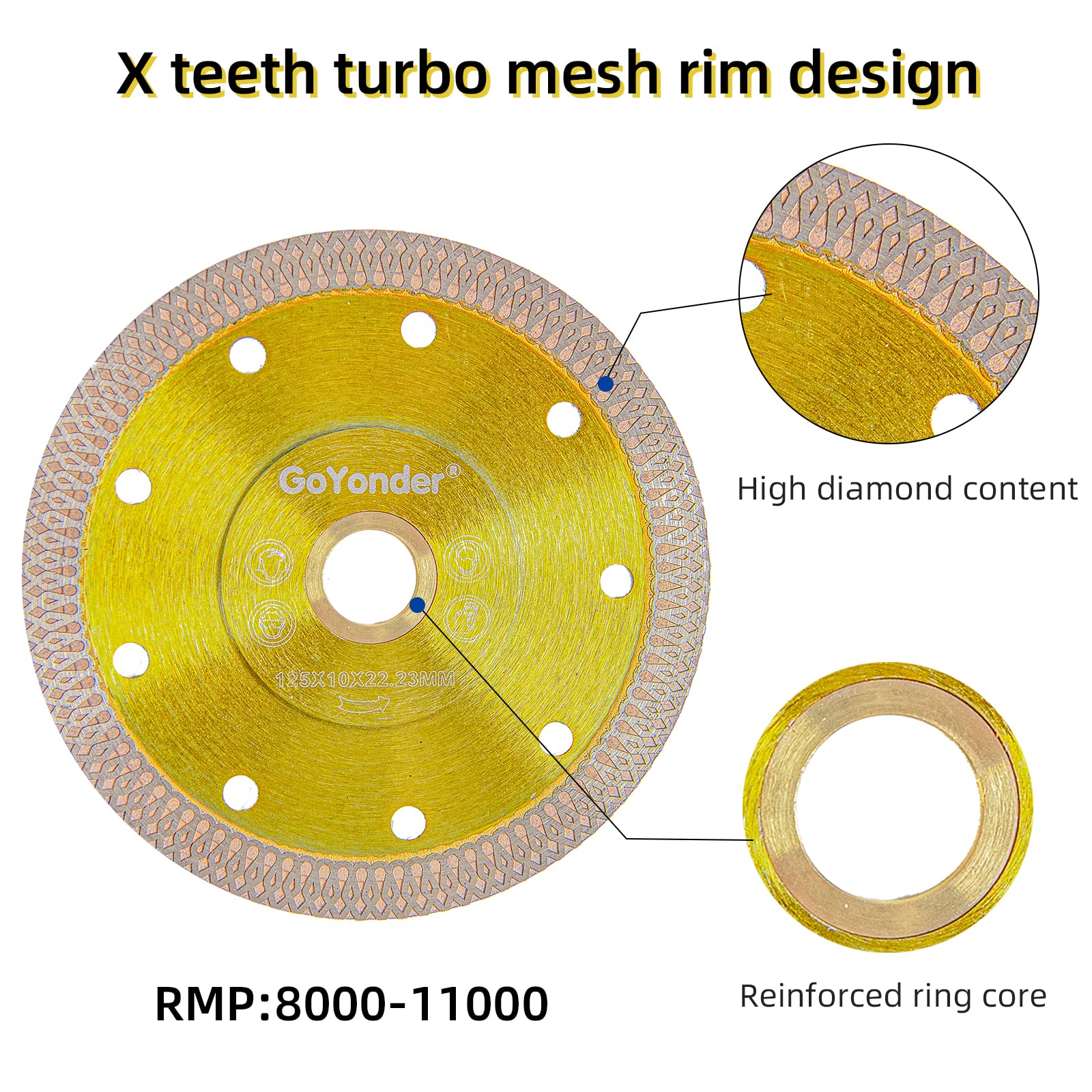 GoYonder 5-Inch Diamond Tile Blade for Angle Grinder - Ultra Thin Wet/Dry Cutting Disc for Ceramic, Porcelain, Granite, Marble & Stone - Perfect for DIY Projects, Home Renovation & Professional Tile Installation (Golden, 5