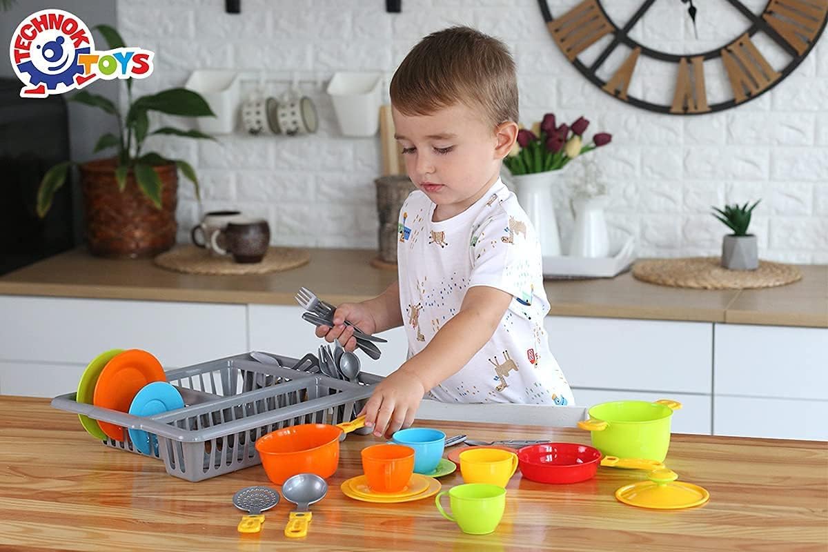 **Kids Pretend Play Kitchen Dishes Set - 33 Pcs Colorful Toy Cookware with Drainer | Durable Plastic Tableware for Kids | Perfect for Role Play, Learning & Imaginative Fun**