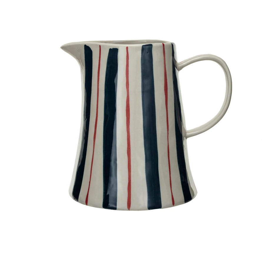 Navy & Red Striped Stoneware Pitcher - Handcrafted Ceramic Water Pitcher for Kitchen, Dining & Home Decor - Perfect for Iced Tea, Lemonade & Entertaining Guests