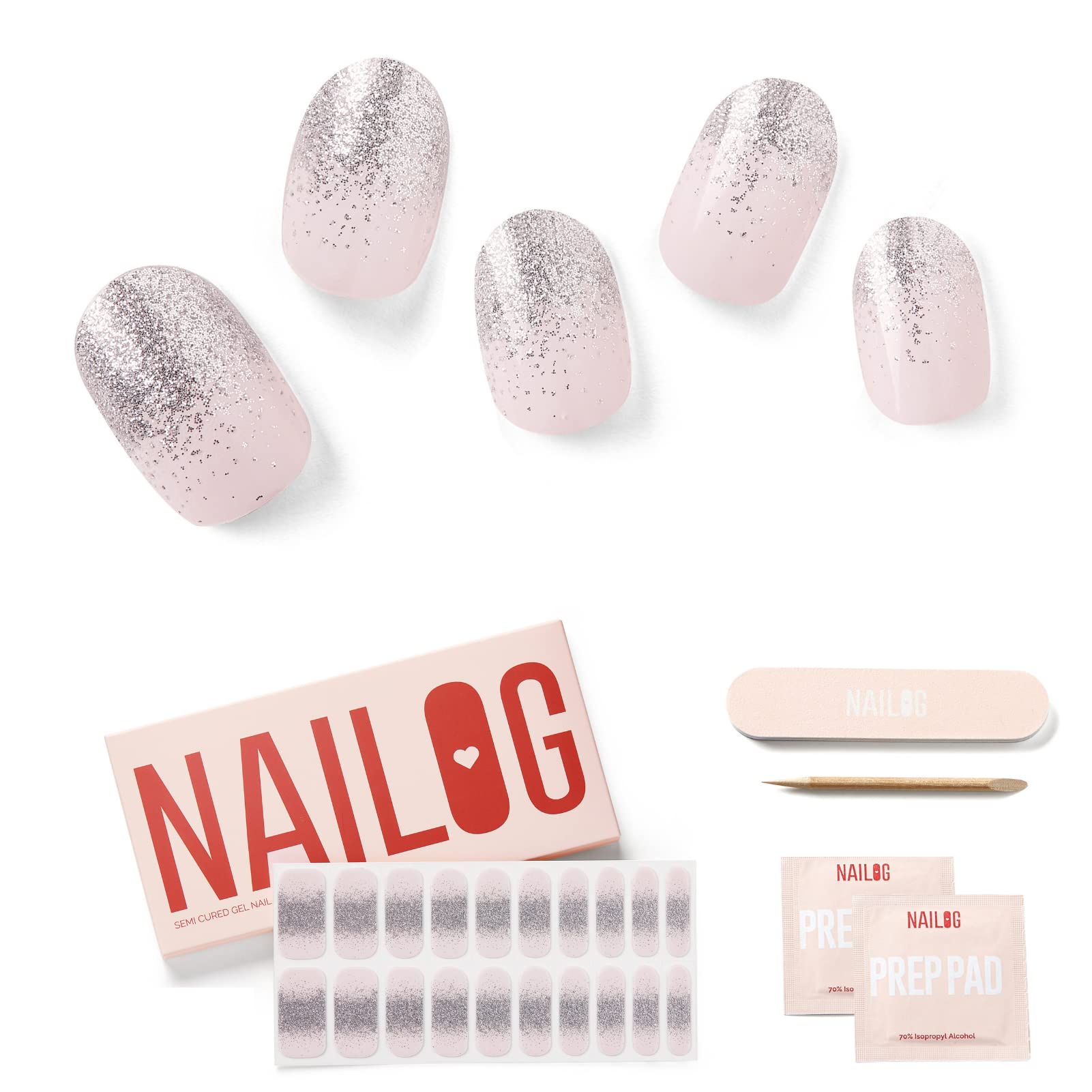 NAILOG Semi Cured Gel Nail Strips - 20pcs Extra Long Glitter Nail Polish Strips with Soft Glossy Finish | Buy 2 Get 1 Free UV Lamp | Long Lasting Ballerina Nails for Salon Quality Manicure at Home | Perfect for Parties, Weddings & Special Occasions