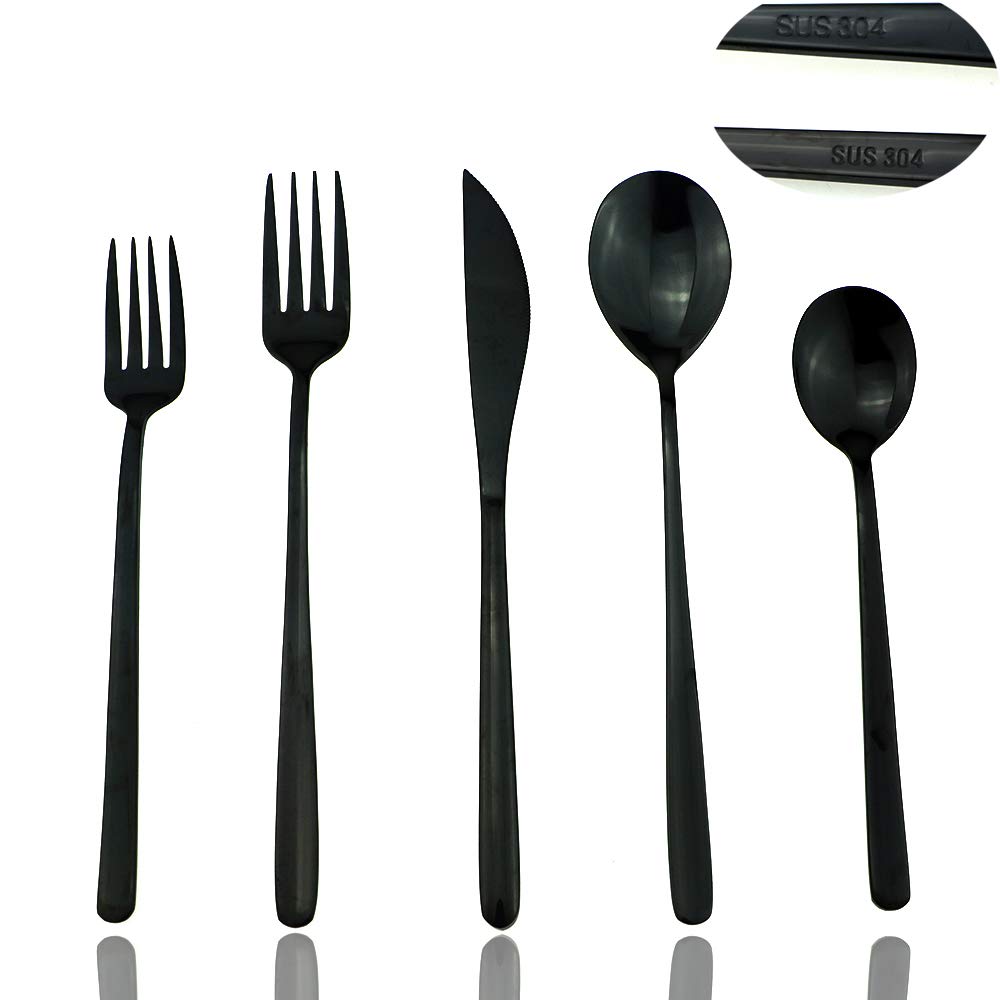Premium JASHII 20-Piece Mirror Polished Black Stainless Steel Flatware Set - SUS304 Dinnerware Cutlery with Knives, Forks & Spoons for 4 People - Elegant Table Setting for Restaurants, Weddings & Dinner Parties