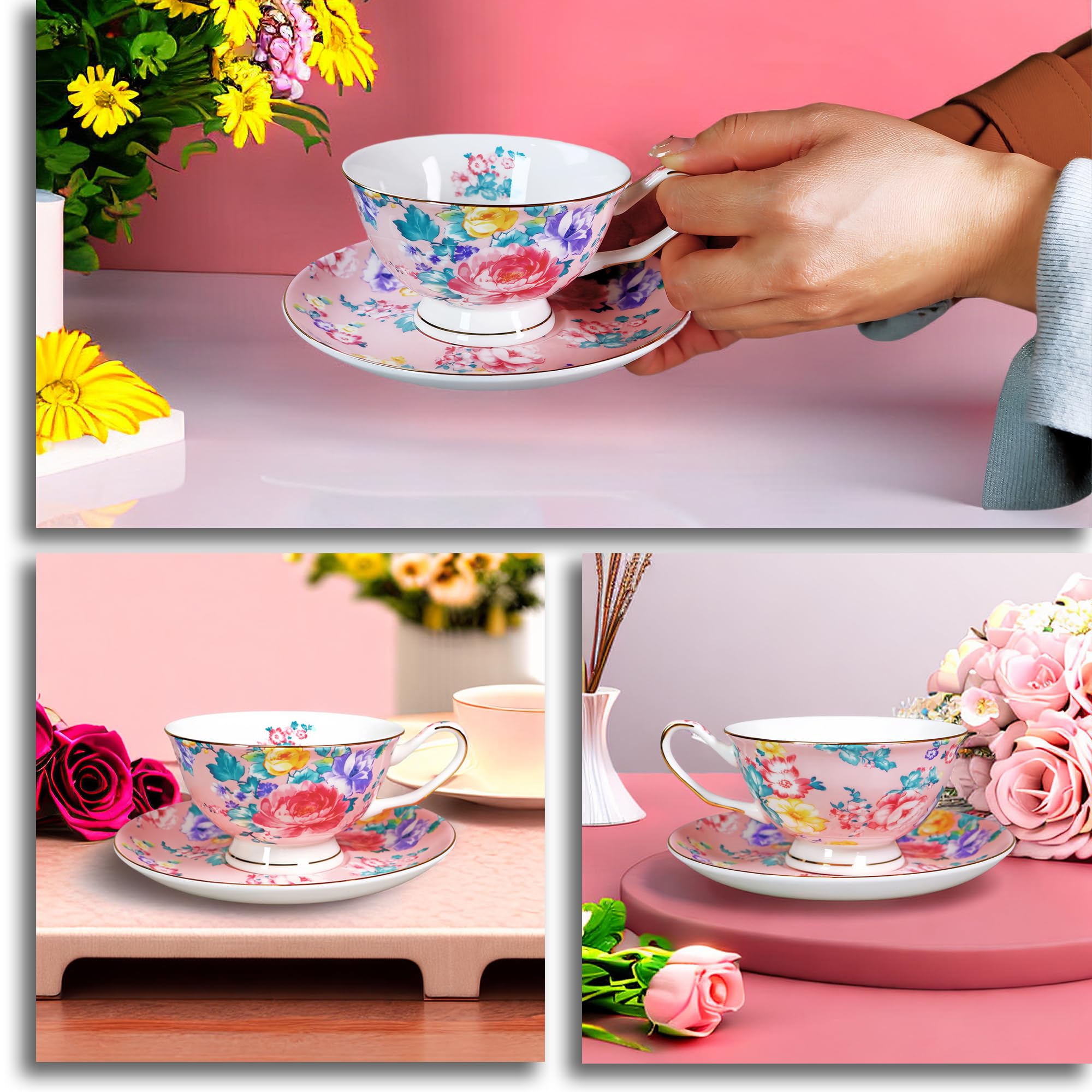7oz Floral Bone China Tea Cup and Saucer Set - Elegant Coffee & Tea Drinking Set for Women, Perfect Gift for Mom, Friends & Tea Parties - Ideal for Afternoon Tea, Bridal Showers & Home Decor