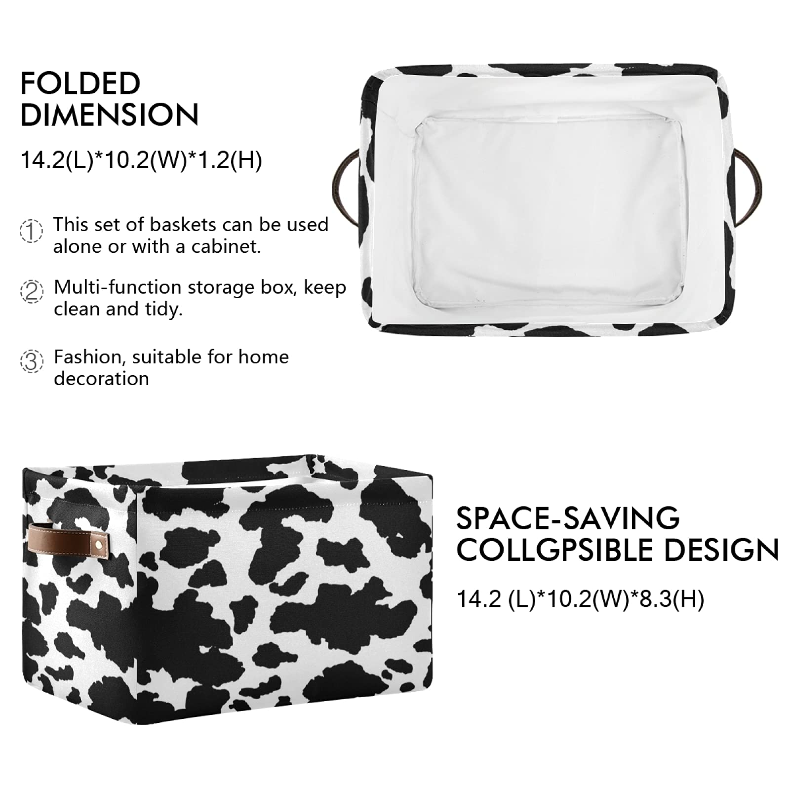 Collapsible Cow Print Storage Bins & Baskets - 2 Pack Rectangle Storage Box with Handles for Nursery, Closet, Bedroom & Office Organization | Perfect for Kids' Toys, Blankets & Home Decor