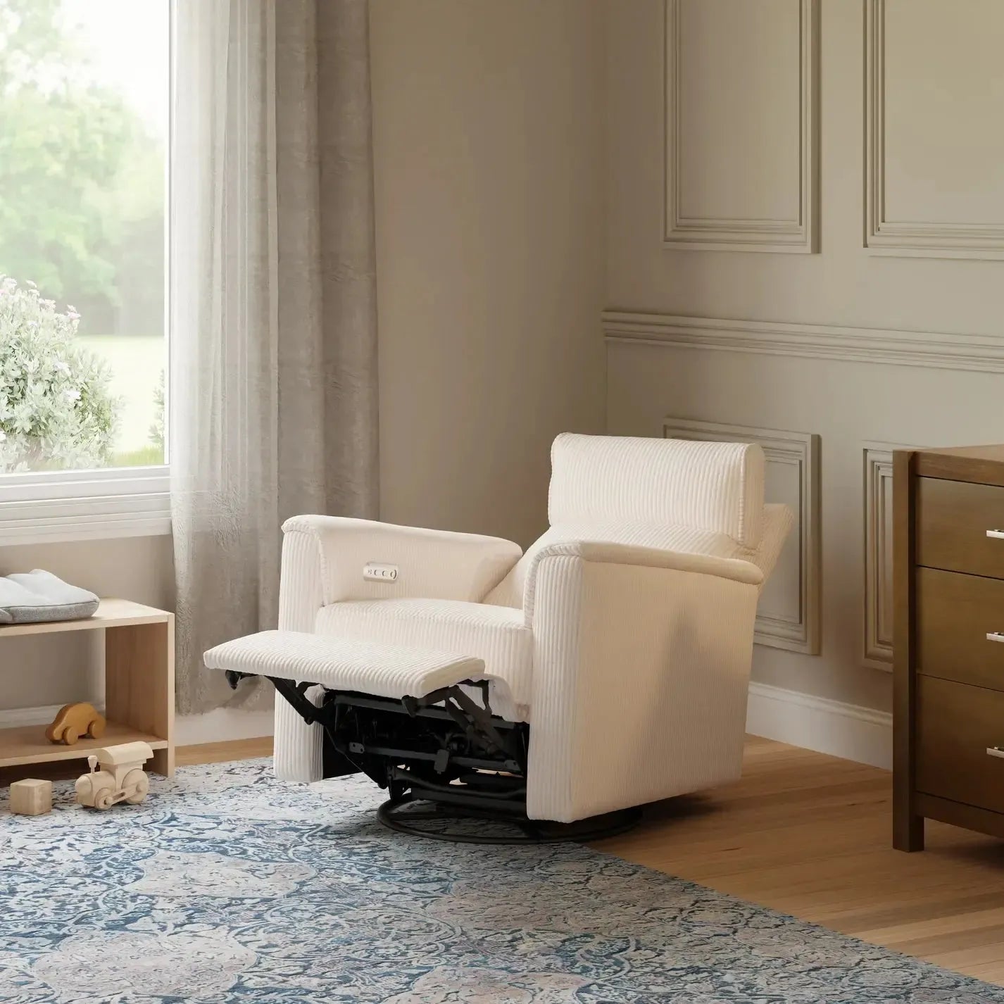 Monogram by Namesake Willa Power Recliner with Adjustable Headrest - Ivory Corduroy Upholstery | Exclusive Modern Living Room Furniture for Home Theater & Relaxation