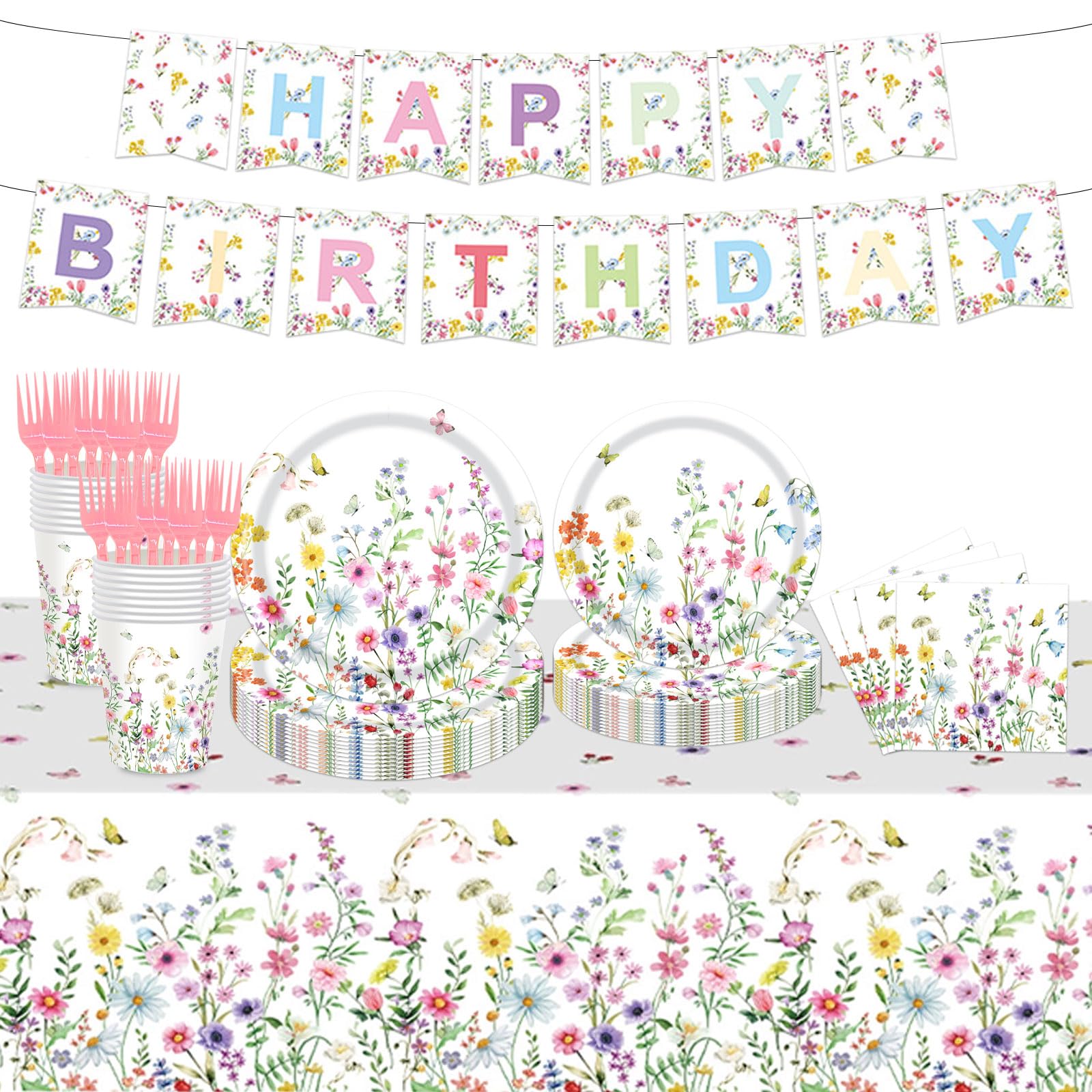 82-Piece Spring Floral Party Supplies Set - Wildflower Paper Plates, Napkins & Disposable Tableware for 16 Guests - Perfect for Baby Showers, Birthday Parties & Spring Celebrations - Elegant Floral Dinnerware for Outdoor Picnics & Garden Events