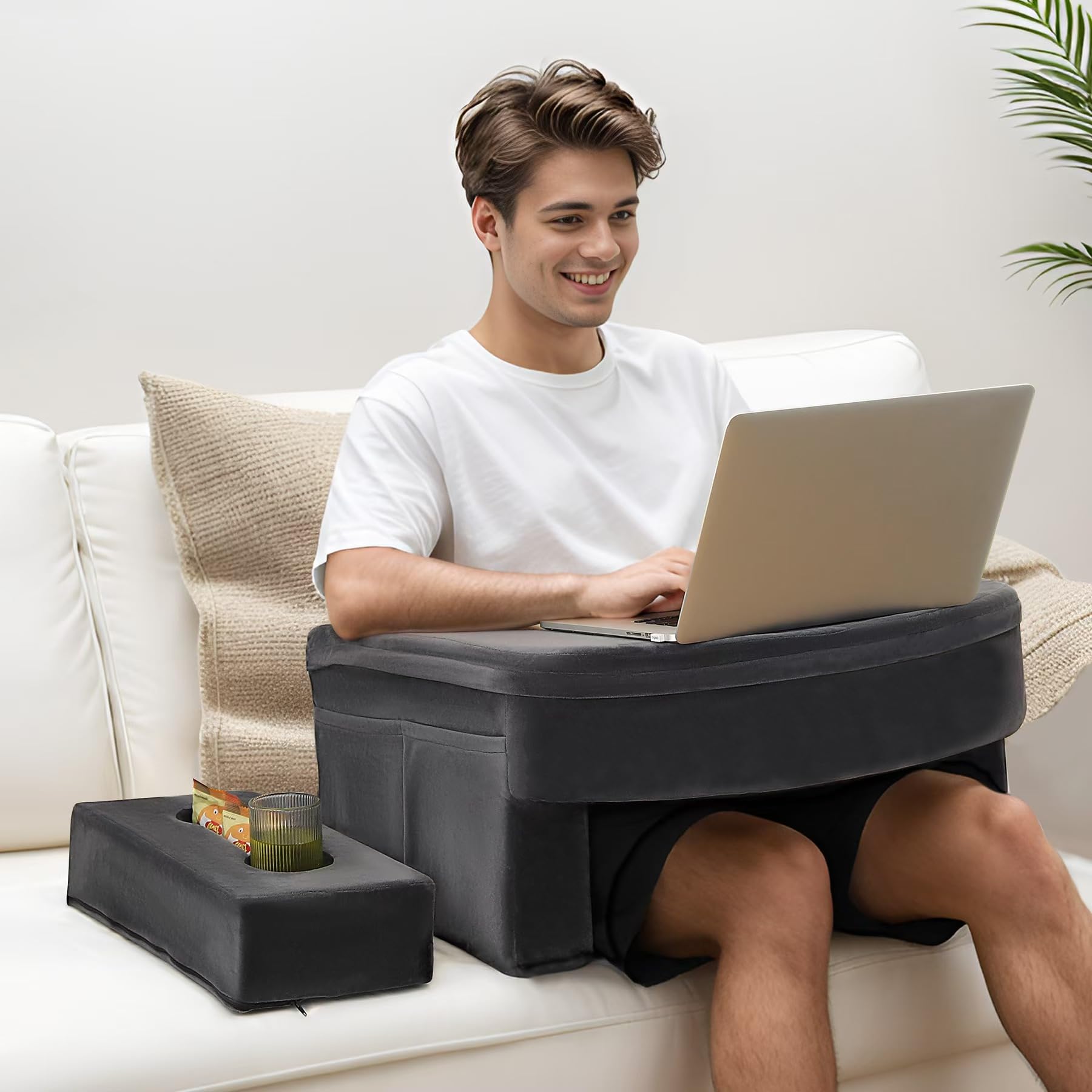 **Memory Foam Reading & Gaming Pillow for Adults - Lap Desk Pillow with Coaster, Soft Arm Rest Support for Bed, Floor, Sofa - Perfect for Reading, Working, Gaming & Relaxing (Grey)**