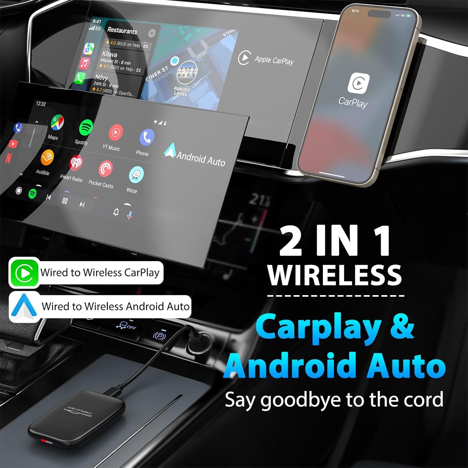 2-in-1 Wireless CarPlay & Android Auto Adapter - Convert Wired to Wireless for Factory Cars | Enjoy Netflix & YouTube on Road
