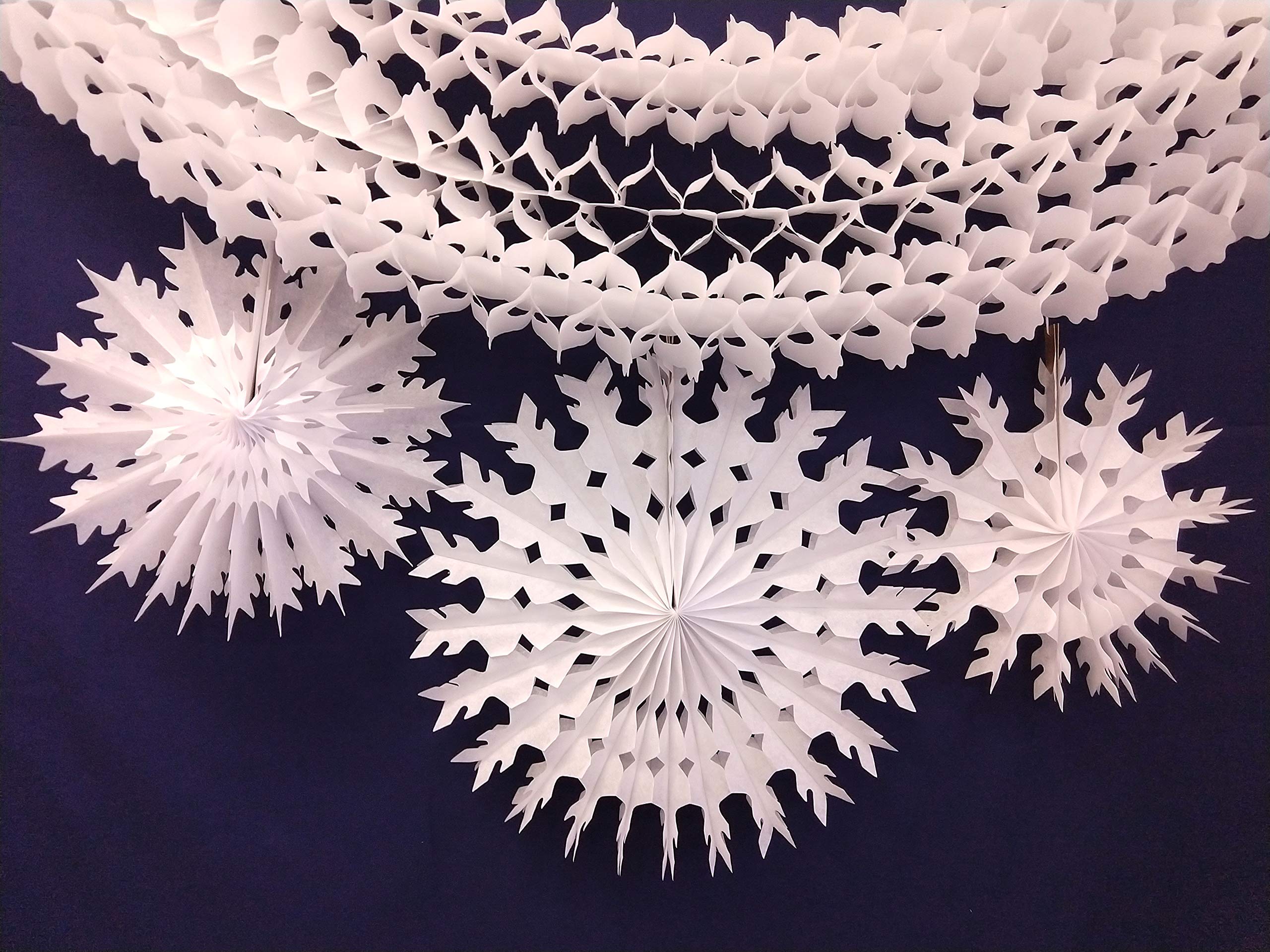 6-Piece Large White Tissue Paper Snowflakes and Garlands Kit for Christmas Decorations, Winter Party, Home & Office Holiday Decor