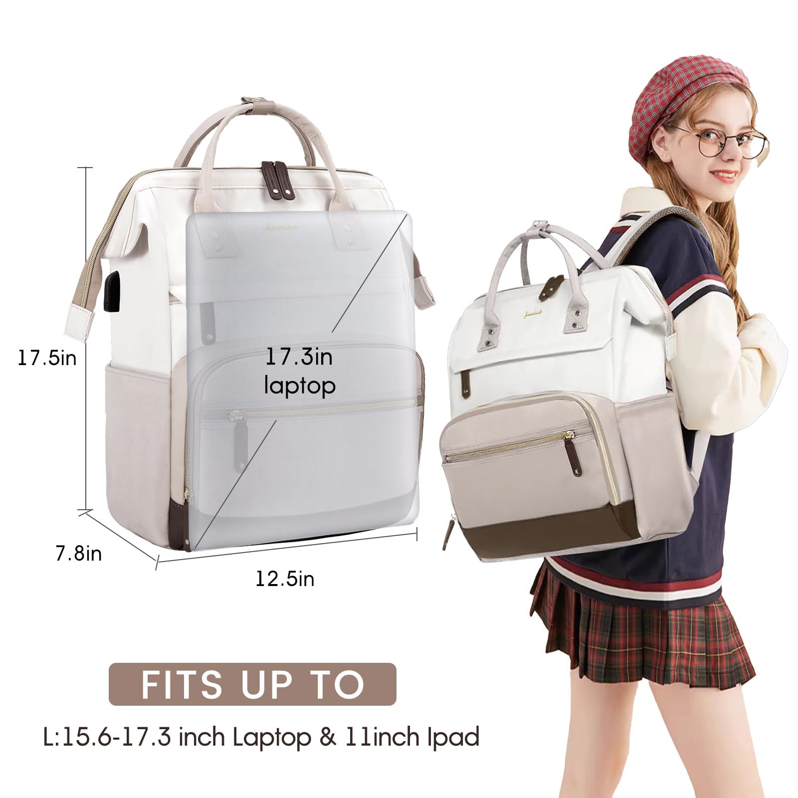 Women's 17 Inch Laptop Backpack - Waterproof Work Bag with USB Charger & Anti-Theft Design for Nurse, Teacher & College Students | Business Travel, Commuting & Daily Use (Beige, Khaki, Brown)