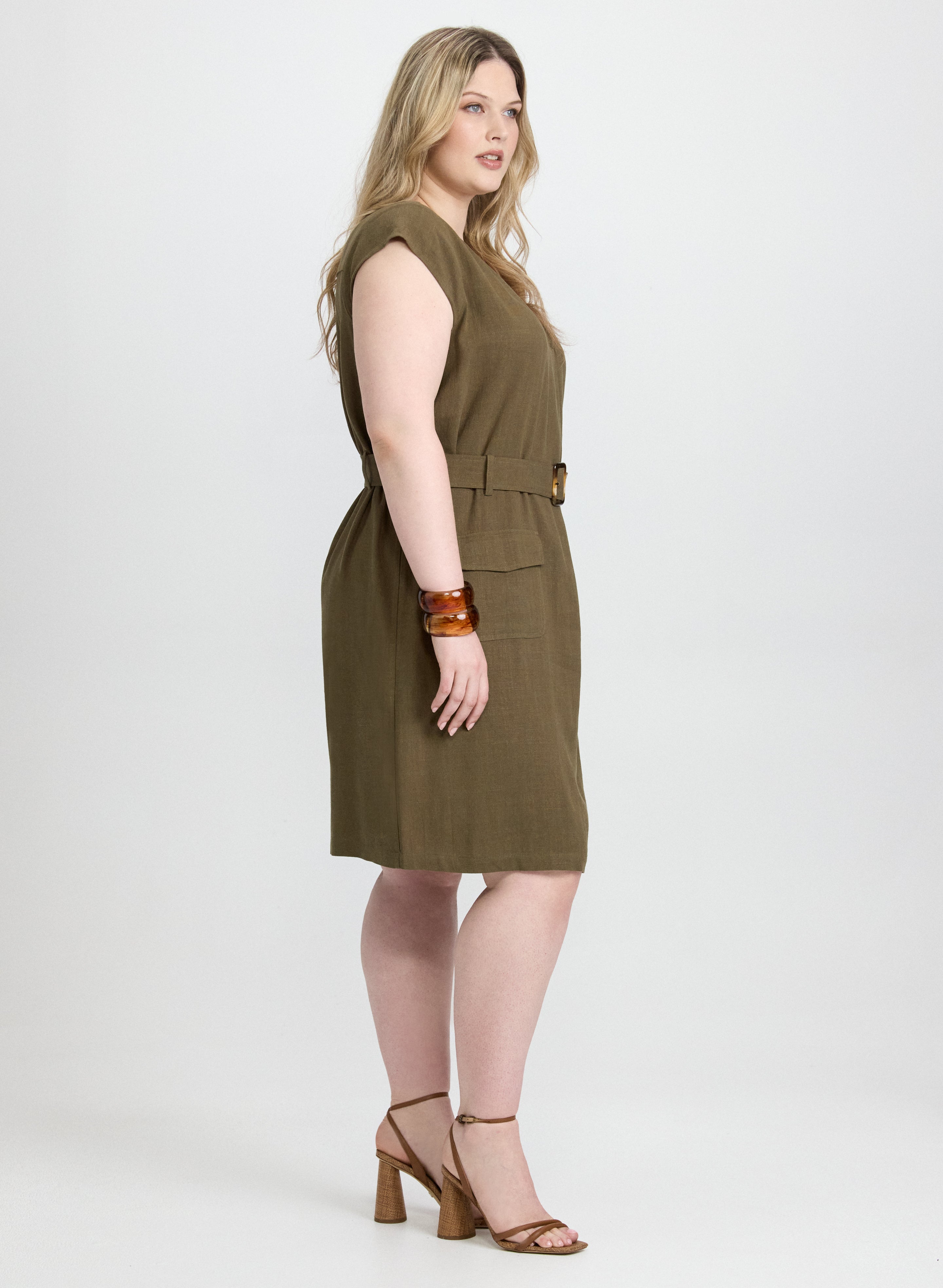 Stylish Belted Stretch Linen Blend Dress for Women - Comfortable Summer Midi Dress for Casual Outings, Beach Vacations & Office Wear