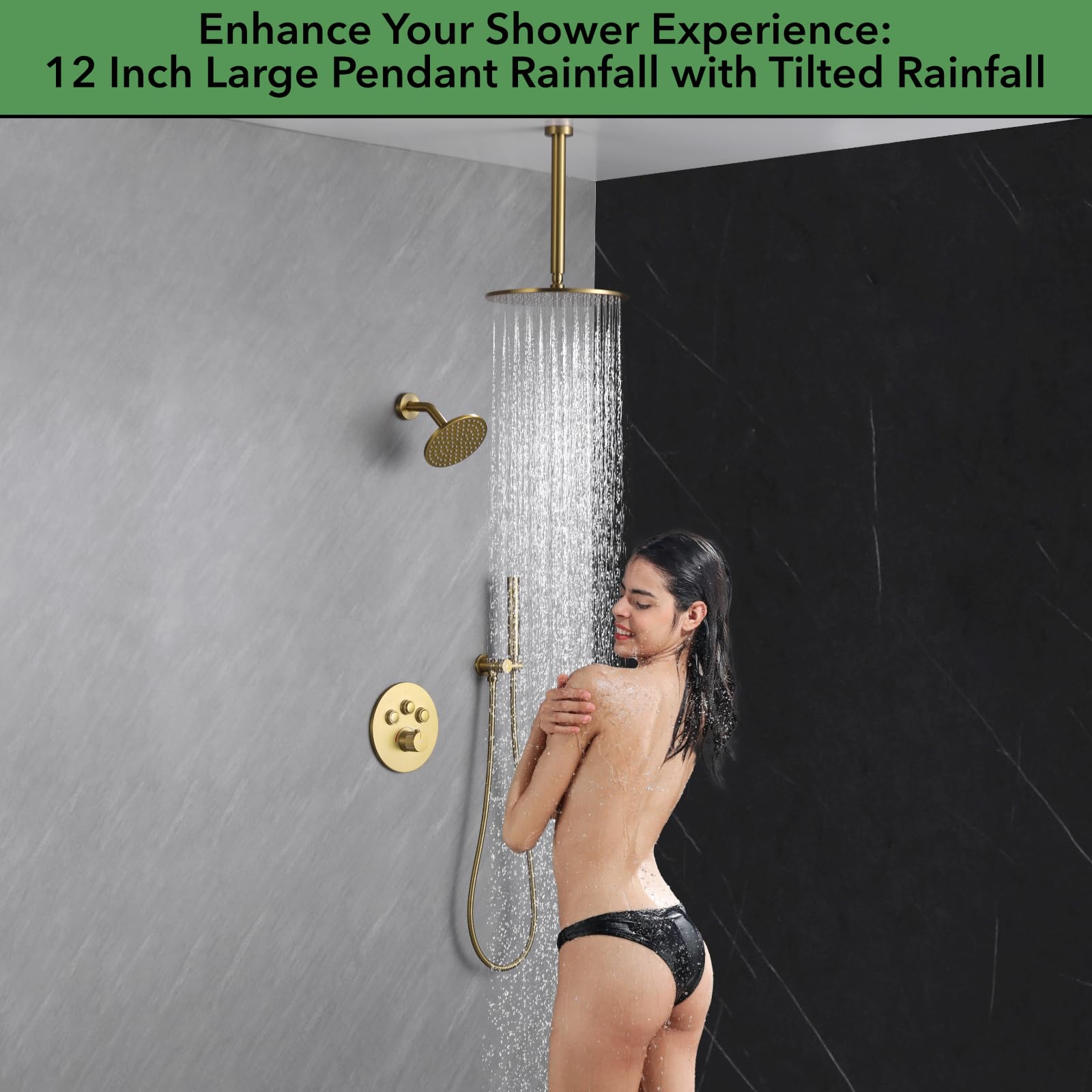 VANFOXLE Thermostatic Shower Faucet Set - Brushed Gold Shower System with Push Button Diverter, 2-in-1 Handheld Shower Head & 12 Inch Ceiling Mount Rain Shower Head - Perfect for Modern Bathroom Renovation and Luxury Spa Experience