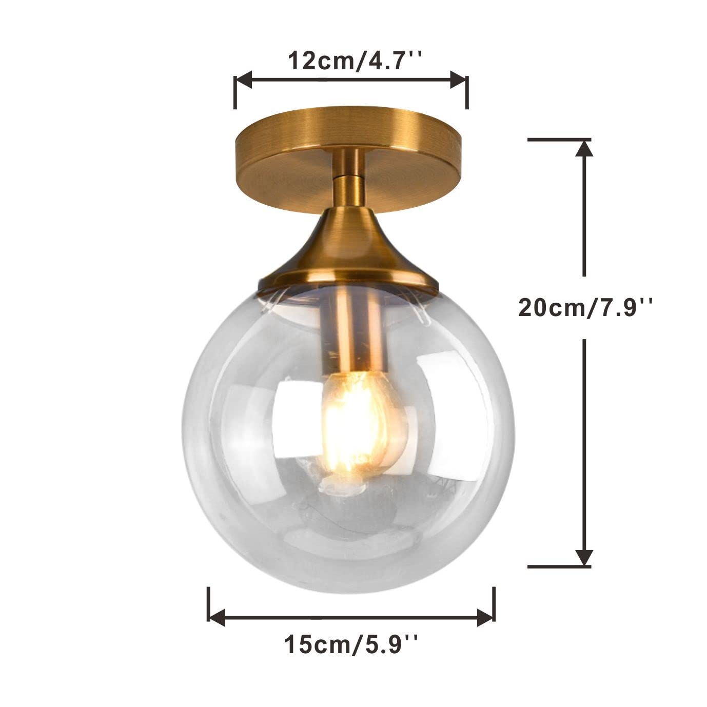 KCO Lighting Brushed Gold Flush Mount Ceiling Light - Small Hallway & Bathroom Fixture with Bubble Glass Globe - Mid Century Modern Design for Home, Apartment & Office Lighting