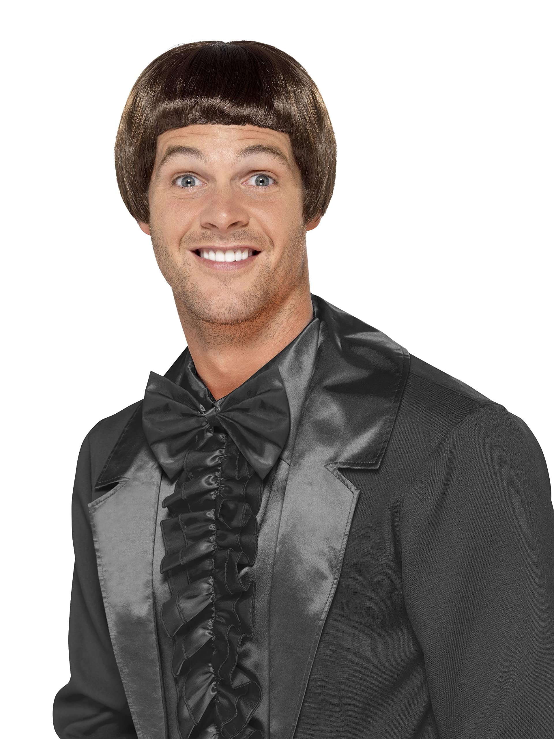 Smiffy's Men's 90s Bowl Cut Wig - Retro Costume Wig for Halloween, Cosplay & 90s Theme Parties - Brown Synthetic Hairpiece for Adults