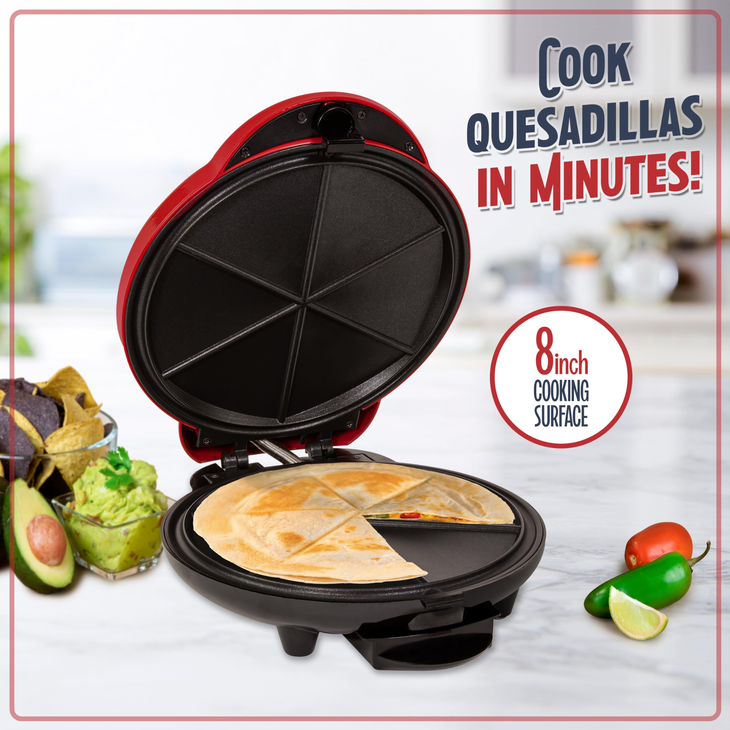 Nostalgia 6-Wedge Electric Quesadilla Maker with Extra Stuffing Latch - 8-Inch Red Non-Stick Surface for Perfect Mexican Snacks - Ideal for Parties, Family Gatherings & Quick Meals