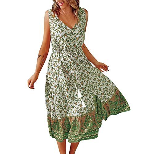 Women's Boho Floral Print V-Neck Sleeveless Waist Dress - Casual Summer Spring Dress in Beige (XL) | Perfect for Beach Vacations, Garden Parties & Date Nights