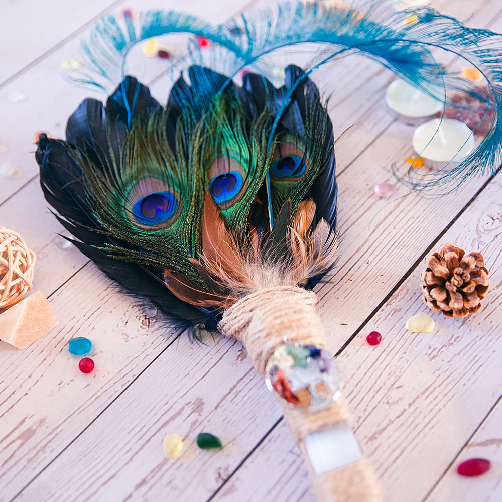 Witch's Wand Feather Smudge Stick with Selenite Handle & Natural Feather - Perfect for Cleansing Rituals, Pagan Altars, Shamanic Ceremonies & Spiritual Healing | Ideal for Home Cleansing, Meditation & Energy Work