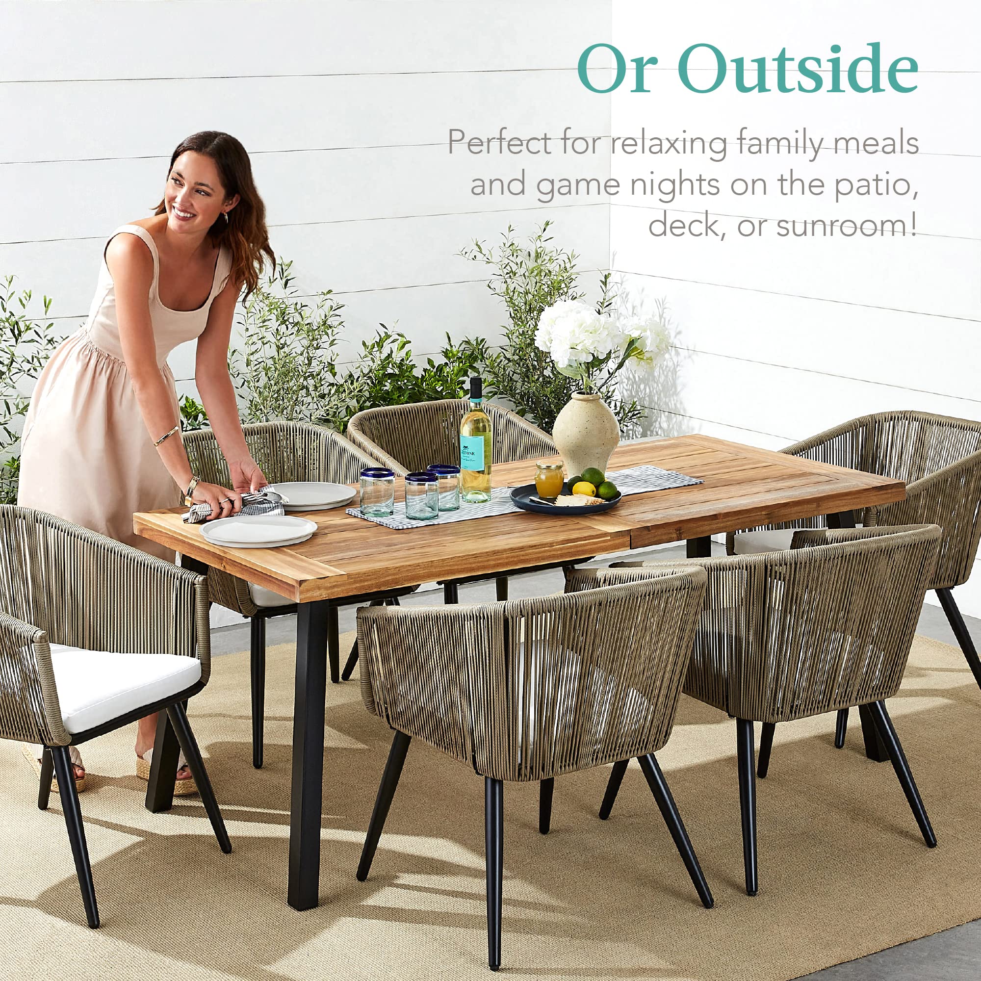 Best Choice Products 6-Person Acacia Wood Dining Table for Indoor & Outdoor Use - Powder-Coated Steel Frame, 350 lb Capacity - Perfect for Patio, Garden, Backyard & Picnic Gatherings