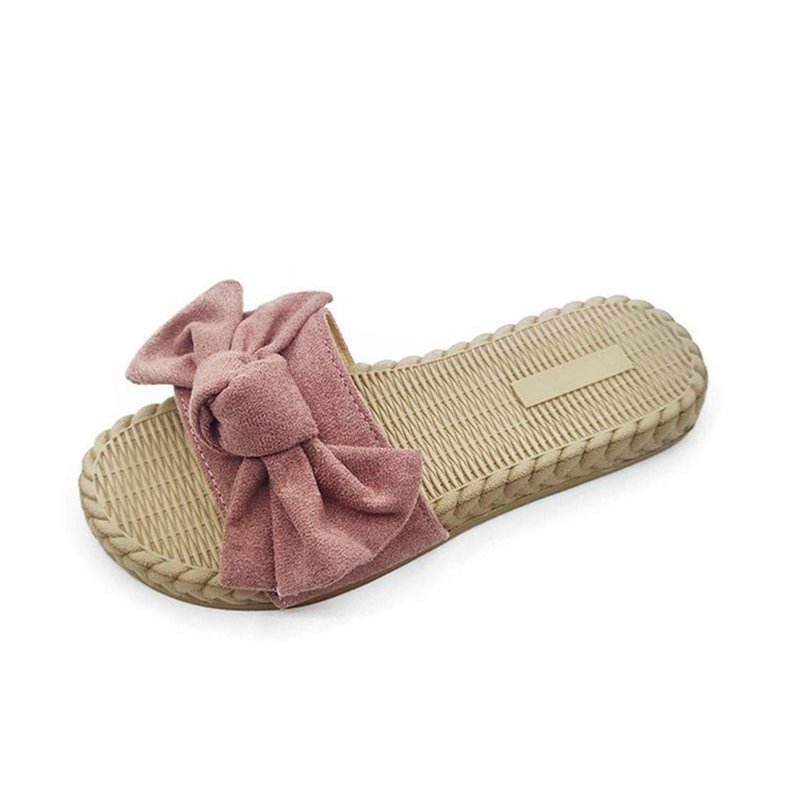 DERTEIO Women's Summer Slippers - Cute Bow Knot Open Toe Sandals for Home, Beach & Outdoor | Fashionable Casual Espadrille Flat Shoes with Ankle Strap | Round Toe Design in Yellow & Pink (Sizes 36 EU) | Perfect for Lounging, Vacation & Warm Weather Wear