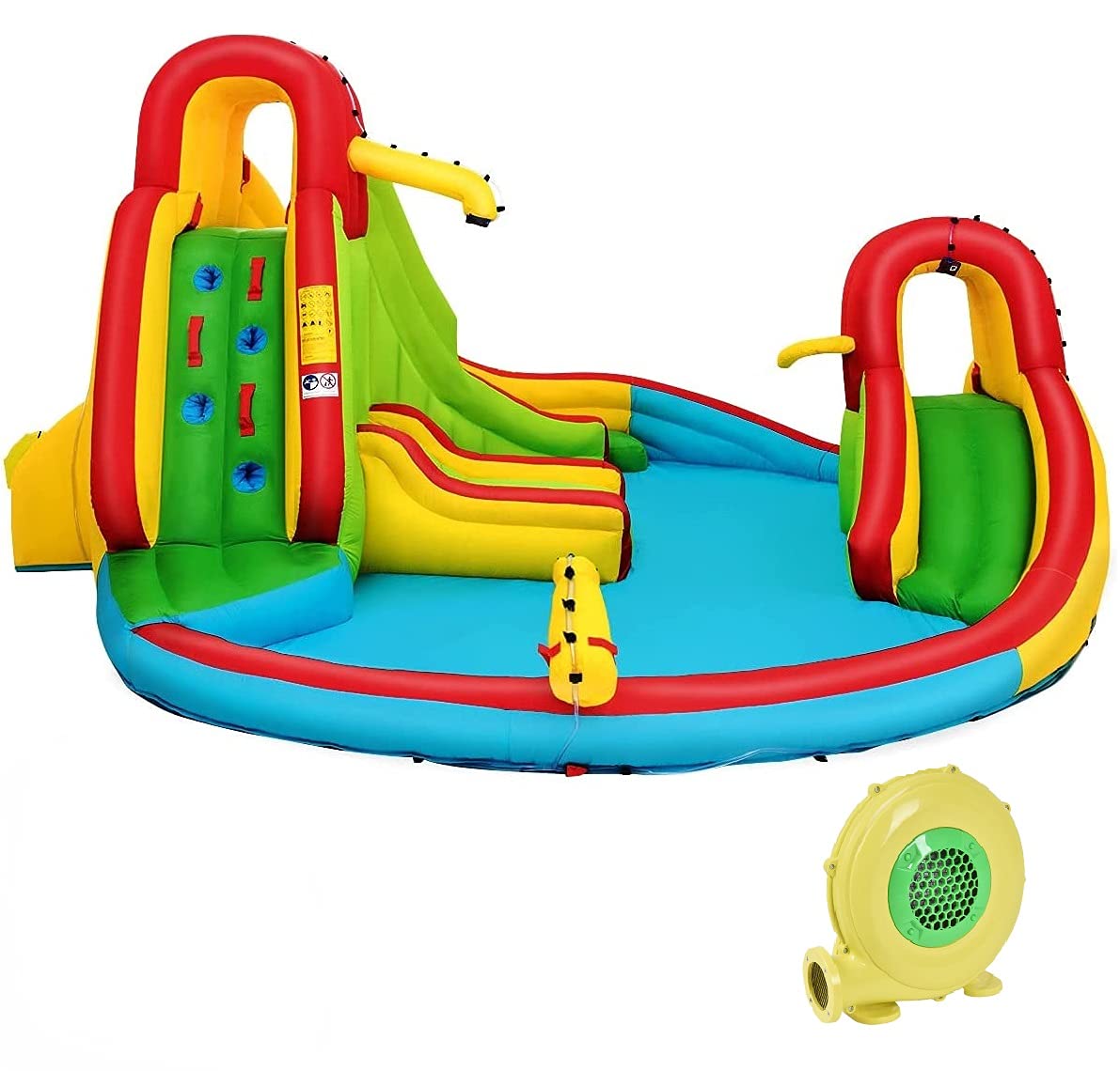 **GOFLAME Inflatable Bounce House with 480W Blower - Kids Water Park with Slide, Climb Wall, Splash Pool, Basketball Rim & Water Cannon - Includes Storage Bag, Stakes & Repair Kit - Perfect for Backyard Parties, Summer Fun & Outdoor Play**