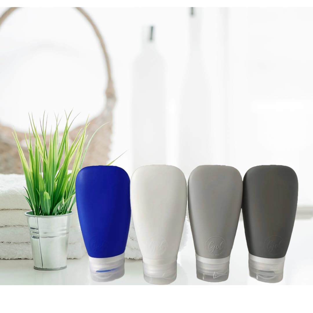 3oz Leakproof Silicone Travel Bottles Set - TSA Approved Refillable Toiletries Containers for Shampoo, Lotion & Cosmetics (Black, Blue, White, Gray with Travel Pouch) - Perfect for Airplane Carry-On, Gym Bag & Vacation Essentials