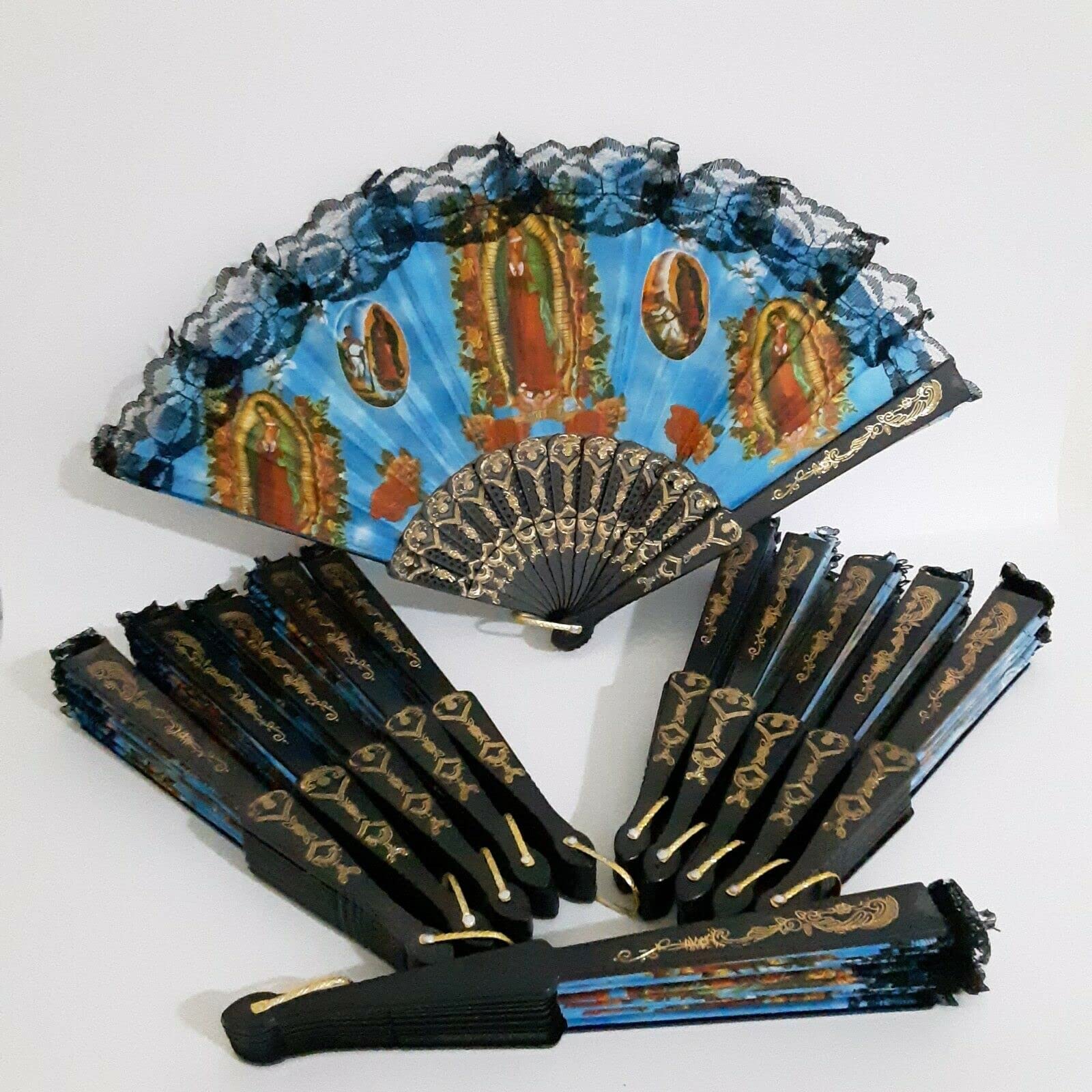 12 Pack Vintage Inspired Lady of Guadalupe Virgin Mary Folding Fans - Religious Party Decor, Baptism Favors, Wedding Table Setting, Wall & Chair Decorations - Perfect for Church Events, Mexican Fiestas & Home Decor