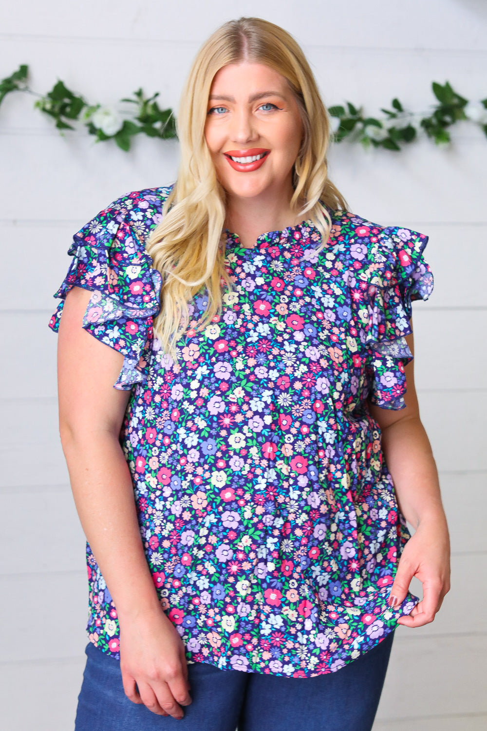 Navy Floral Print Mock Neck Flutter Sleeve Blouse for Women | Elegant Summer Tops for Office, Date Night & Casual Outings