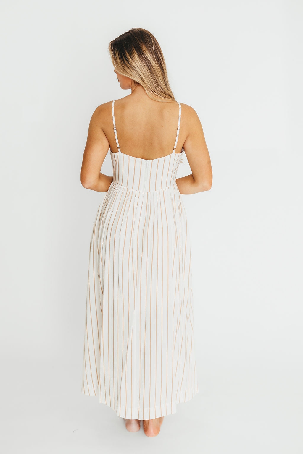 Genesis Stripe Midi Dress - Women's Flowy White & Taupe A-Line Summer Dress for Casual Outings, Beach Vacations & Date Nights