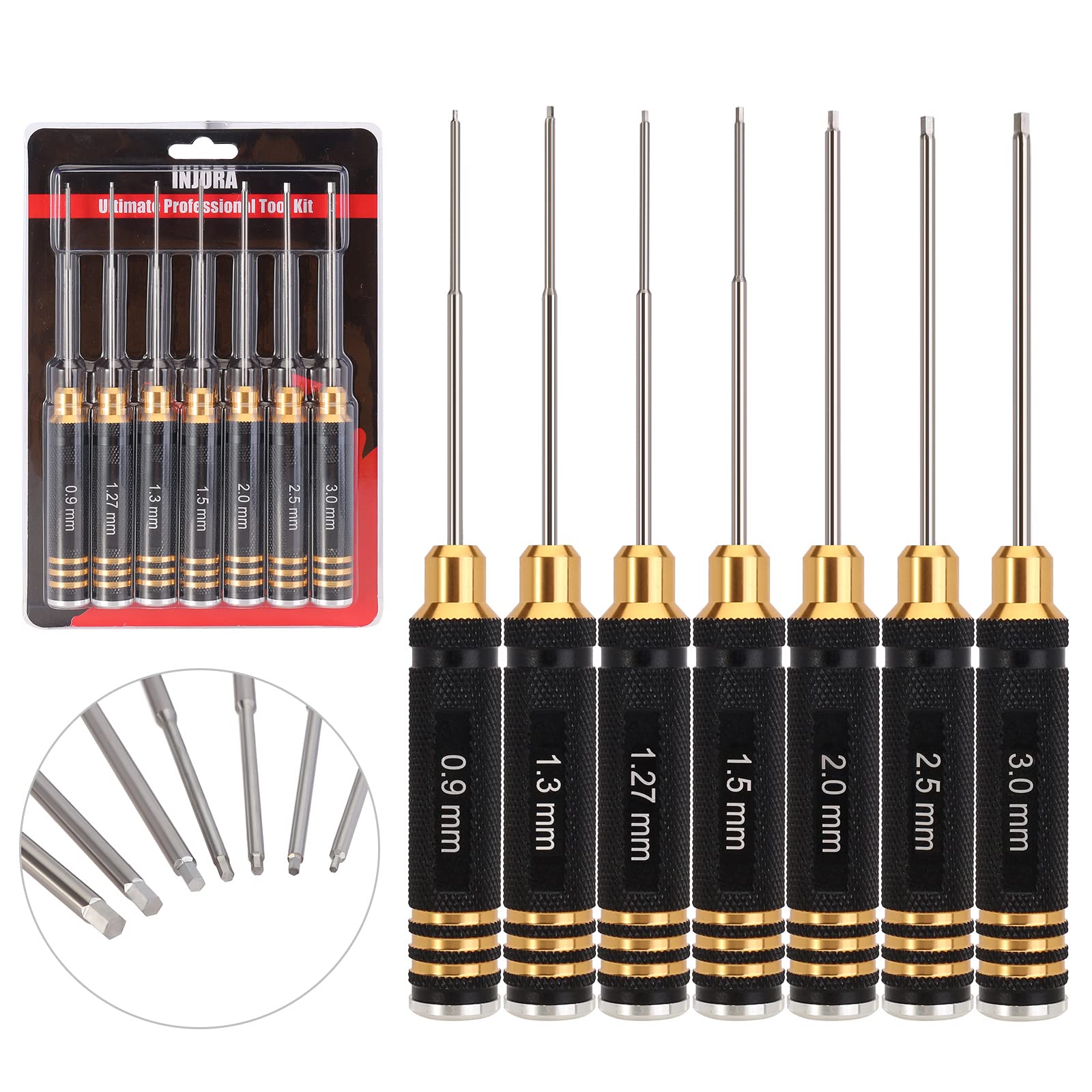 INJORA 7-Piece RC Hex Screwdriver Set - Allen Wrench Kit (0.9-3.0mm) for RC Cars, Drones, Boats & Helicopters - Essential Repair Tools for Hobbyists and DIY Enthusiasts
