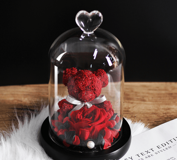 Forever Rose Teddy Bear in Glass Gift Box - Romantic Birthday & Anniversary Present for Her, Valentine's Day Gift Idea