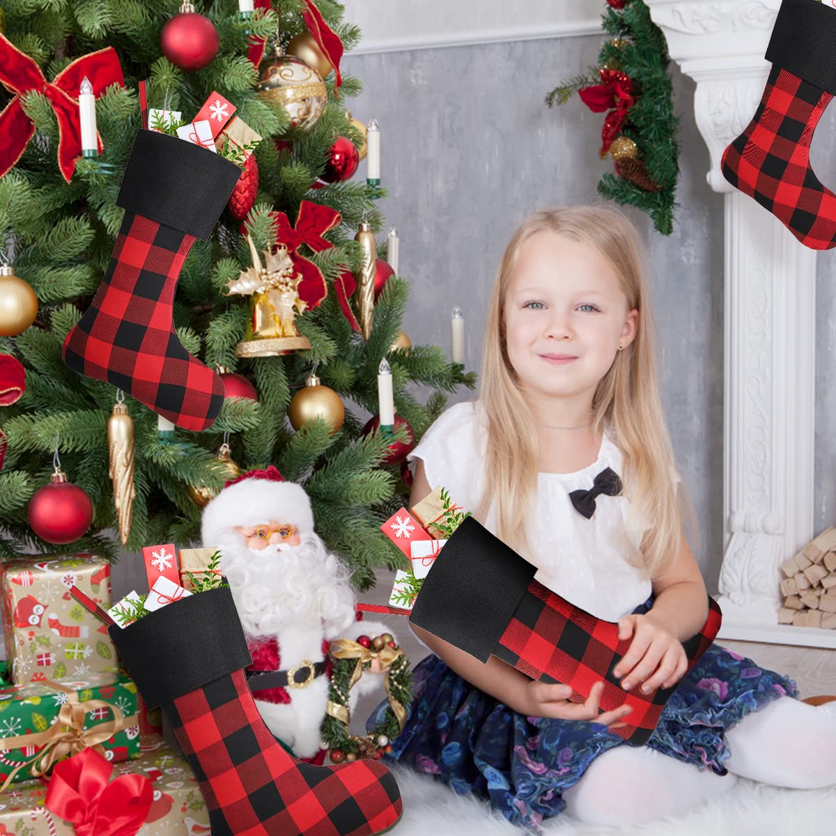 8 Pack Christmas Stockings - 18 Inch Buffalo Plaid Personalized Holiday Stockings for Family, Xmas Party Decorations - Black Cuff with Red & Black Plaid - Perfect for Fireplace Mantel, Gift Exchange & Festive Home Decor