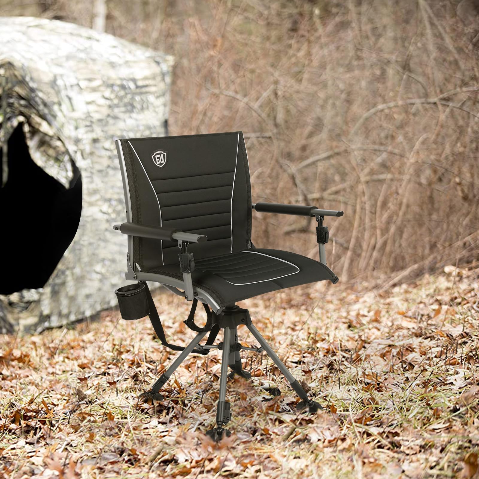 EVER ADVANCED 360° Silent Swivel Hunting Chair - Adjustable Folding Seat for Hunting Blinds, Fishing & Outdoor Activities - Supports 300lbs - Black - Perfect for Hunting, Fishing, Camping & Outdoor Relaxation